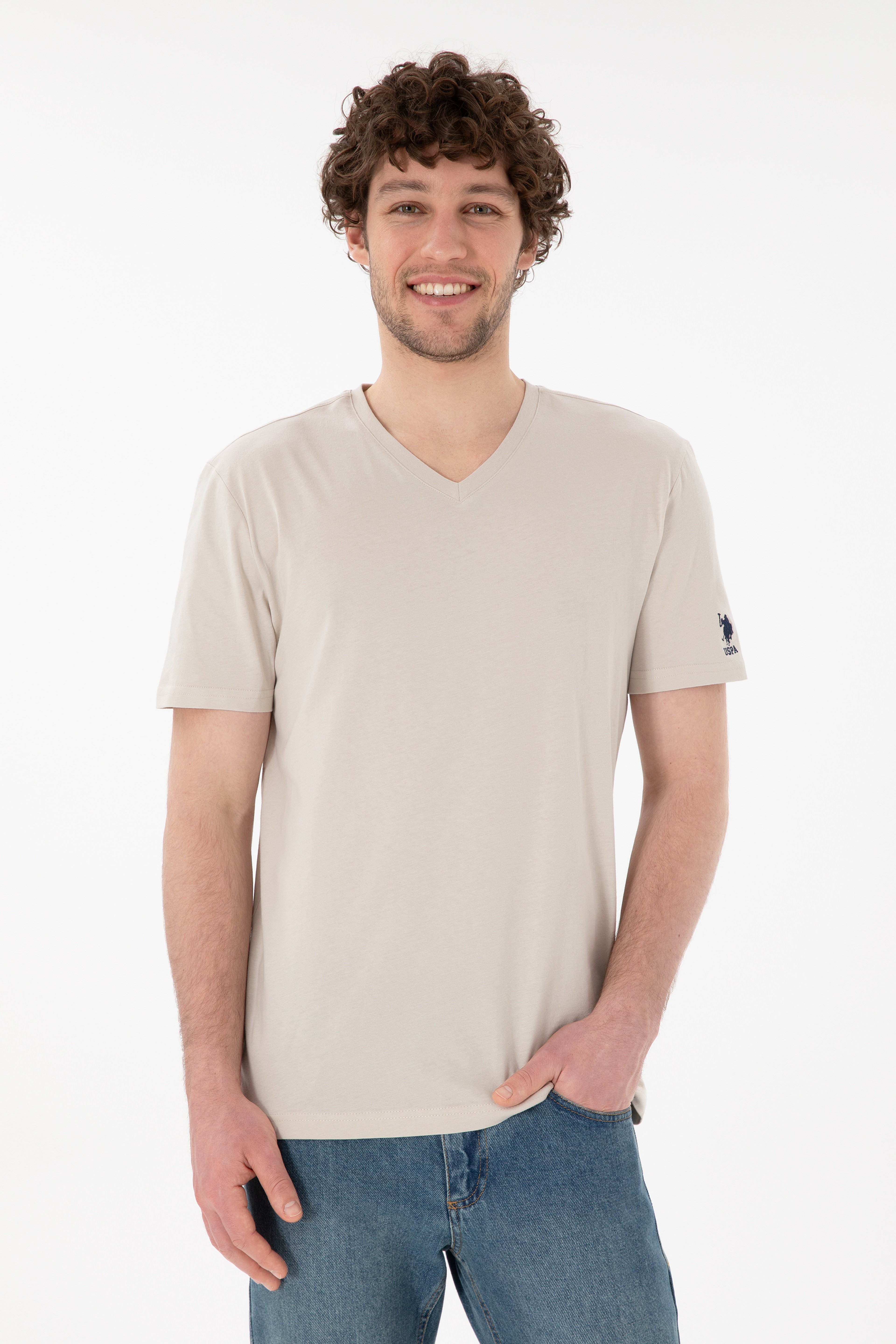 Erkek Regular Fit  V Yaka Taş Basic Tişört - Image 1