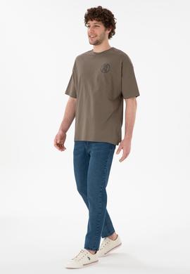 Erkek Oversize Fit Bisiklet Yaka Vizon Tişört - 50305904093