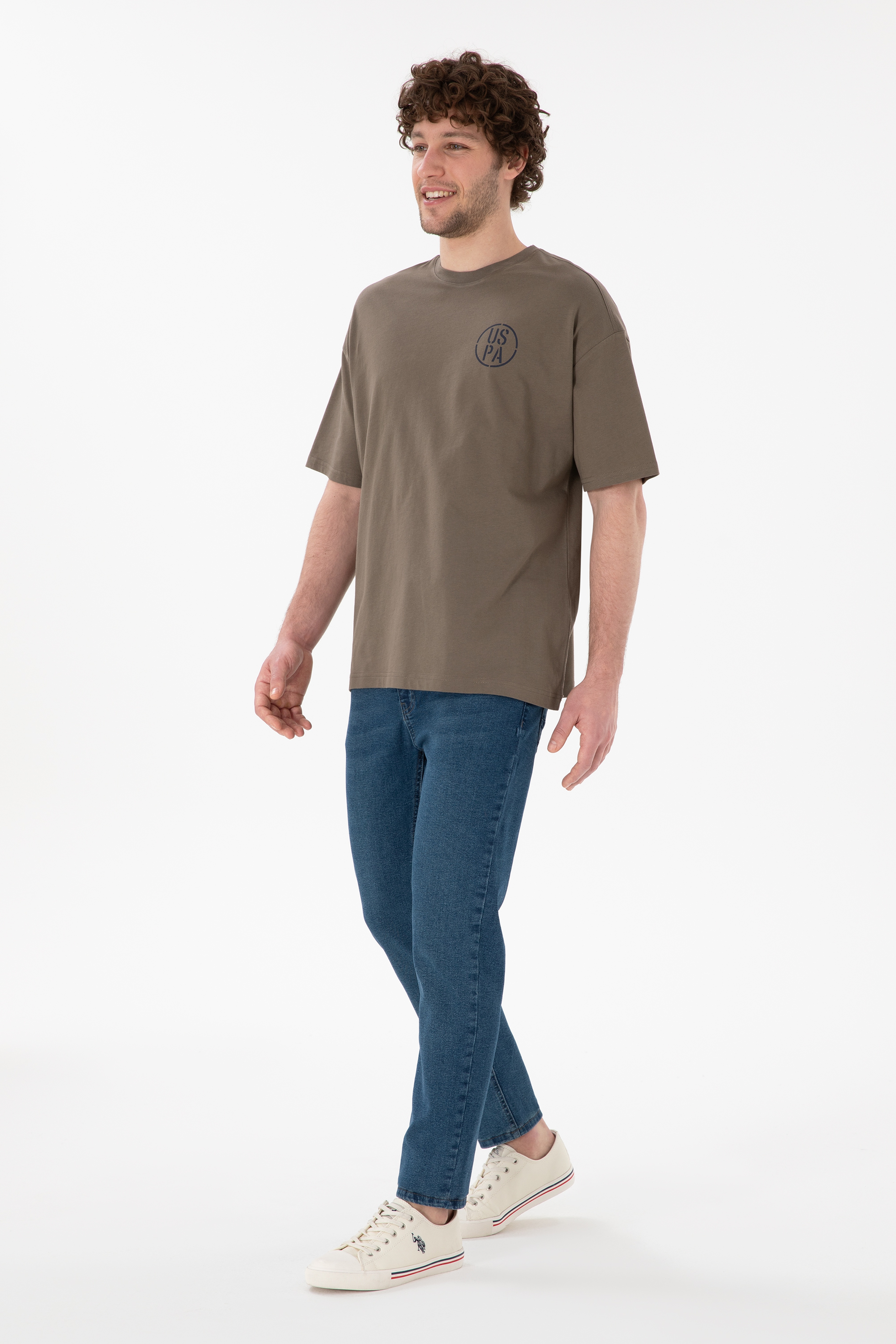 Erkek Oversize Fit Bisiklet Yaka Vizon Tişört