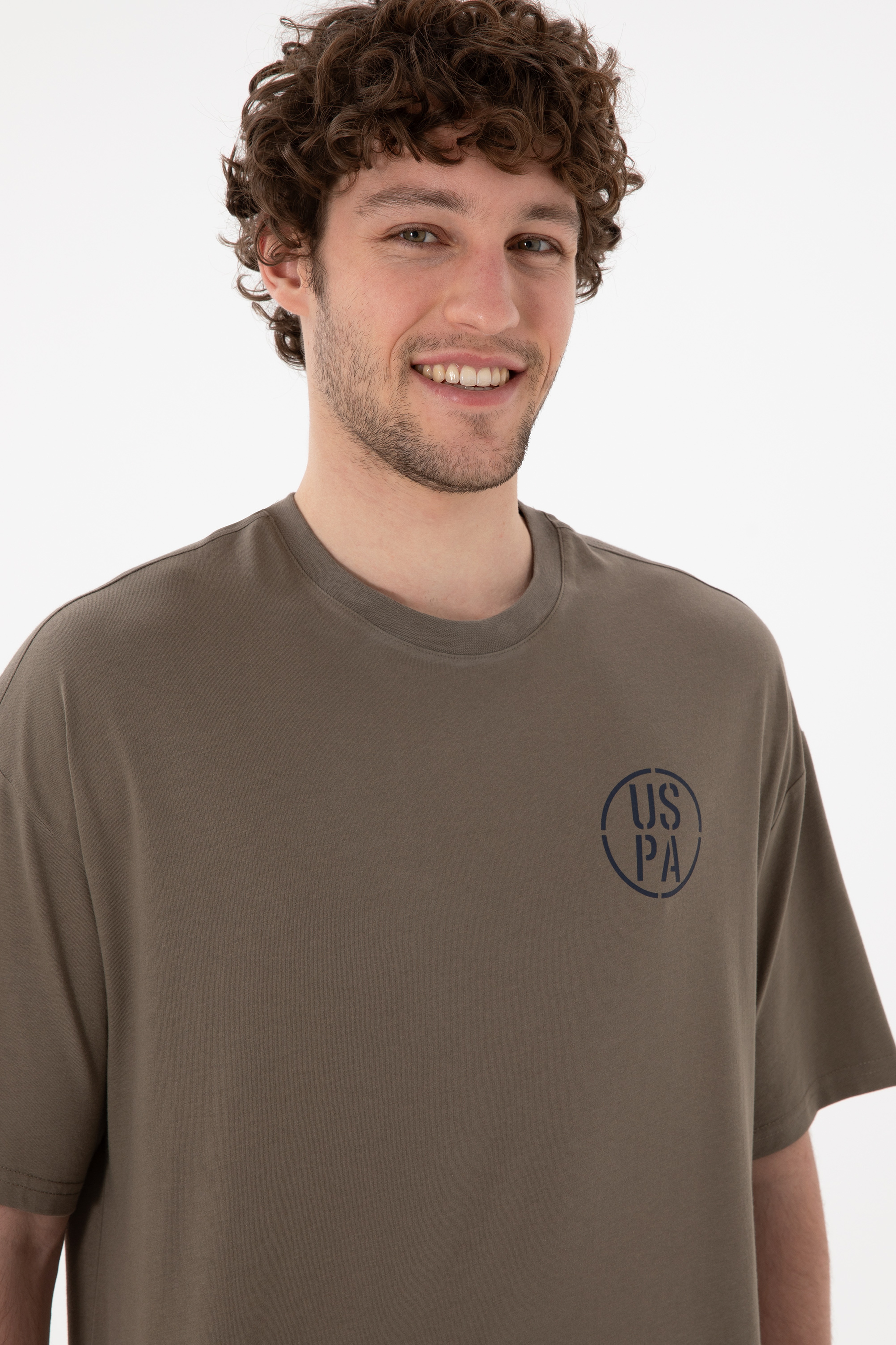 Erkek Oversize Fit Bisiklet Yaka Vizon Tişört