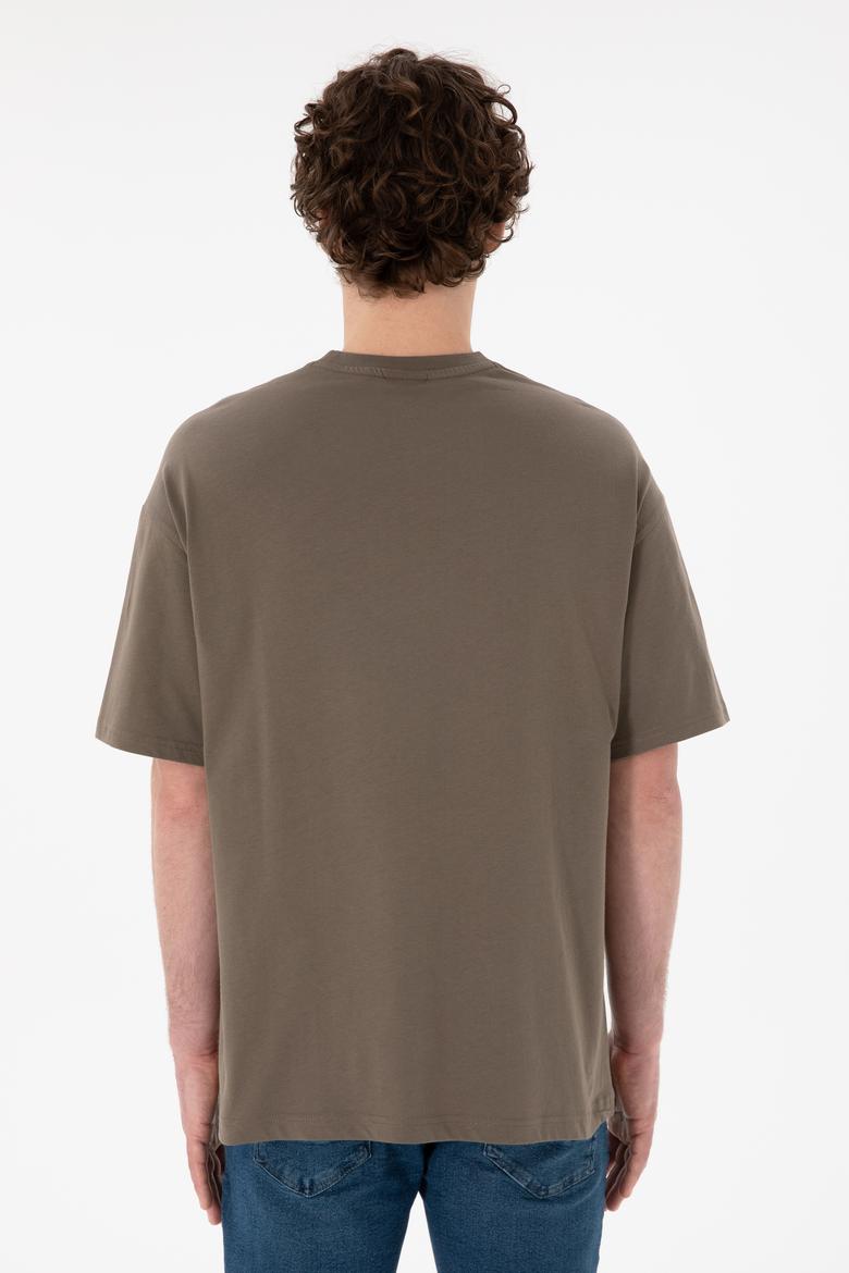 Erkek Oversize Fit Bisiklet Yaka Vizon Tişört - 50305904093