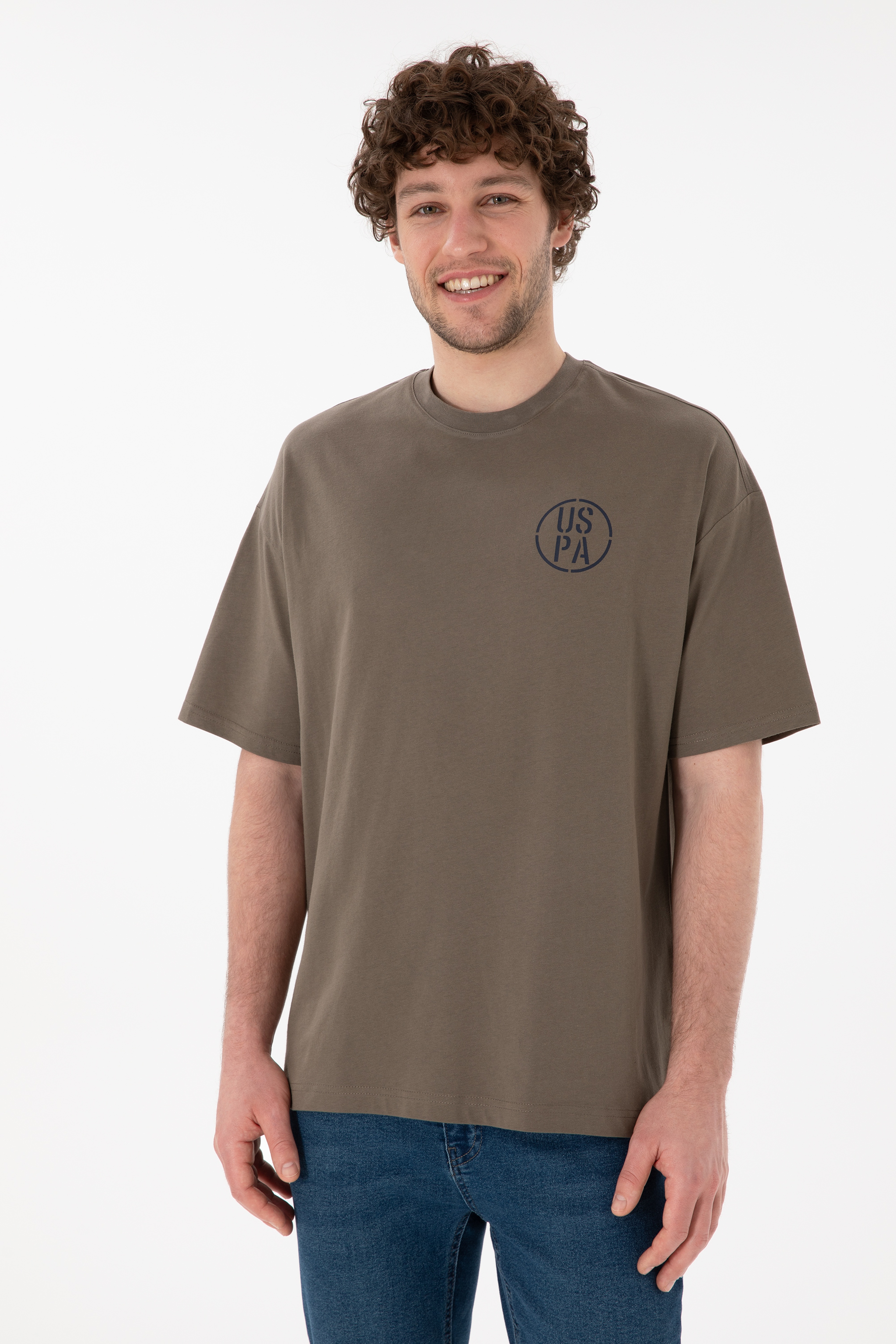 Erkek Oversize Fit Bisiklet Yaka Vizon Tişört - Image 4
