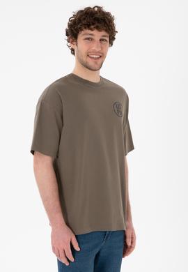 Erkek Oversize Fit Bisiklet Yaka Vizon Tişört - 50305904093