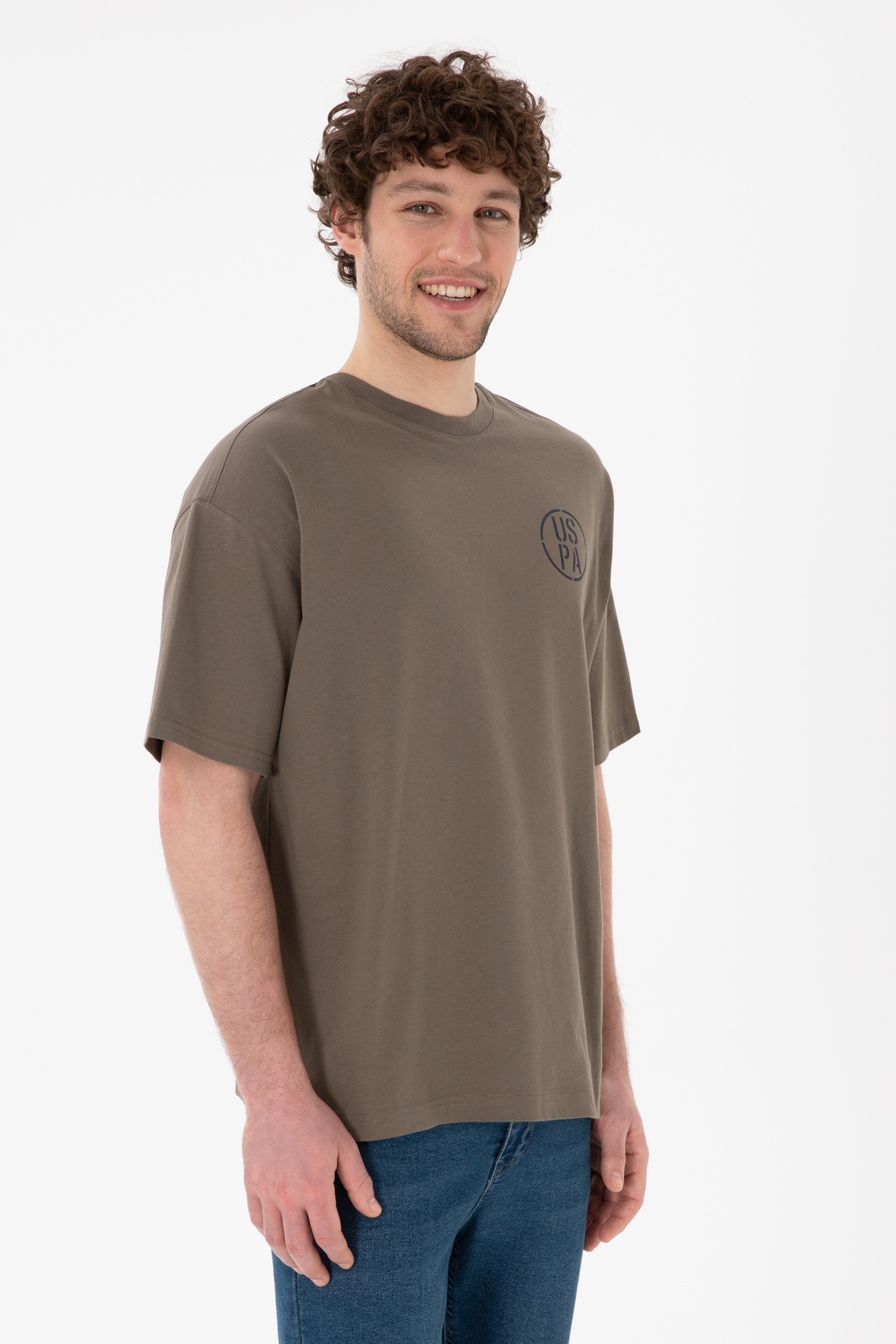 Erkek Oversize Fit Bisiklet Yaka Vizon Tişört