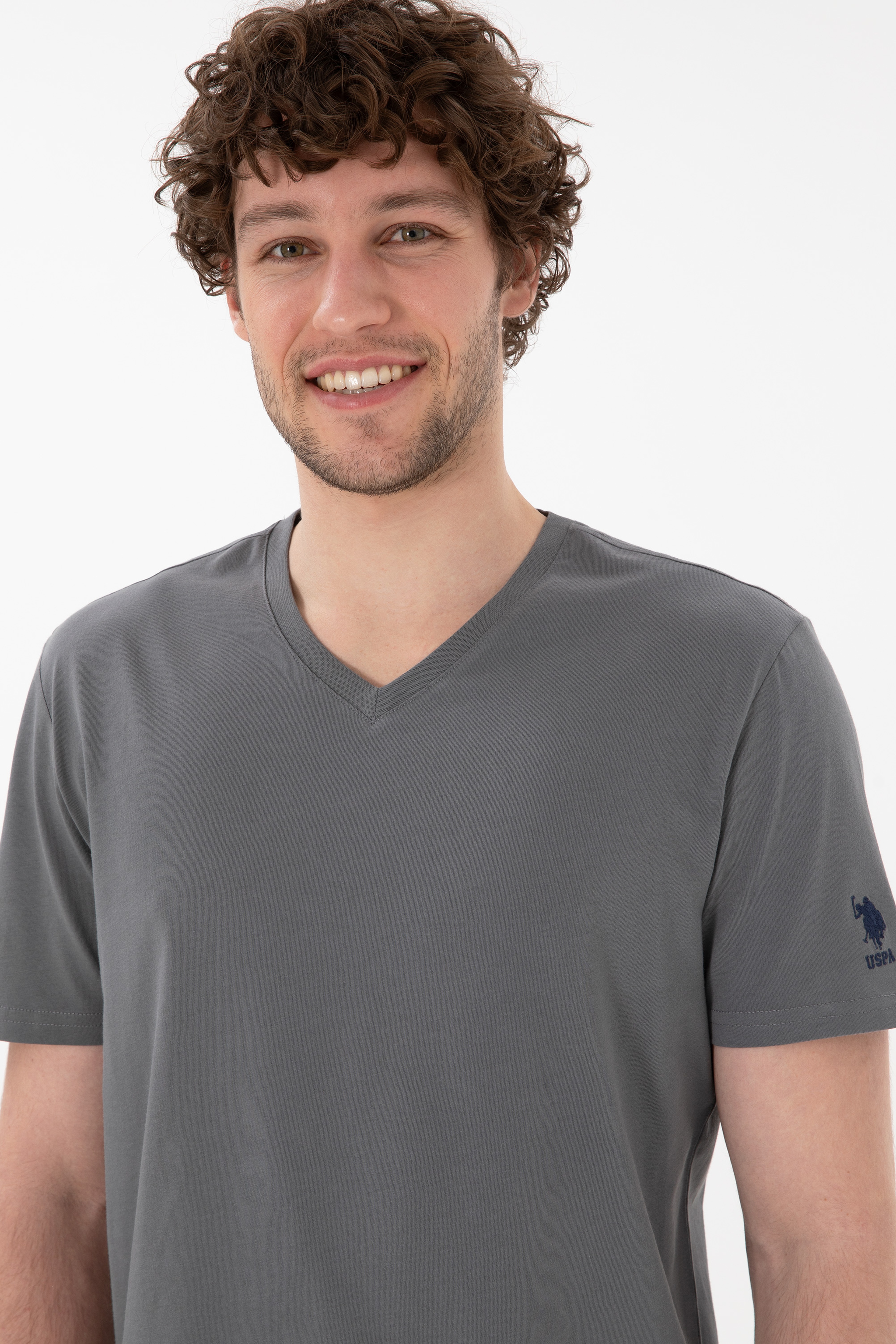 Erkek Regular Fit  V Yaka Gri Basic Tişört