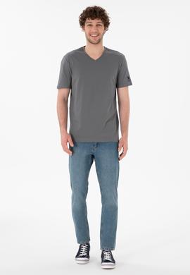 Erkek Regular Fit  V Yaka Gri Basic Tişört - 50305858100