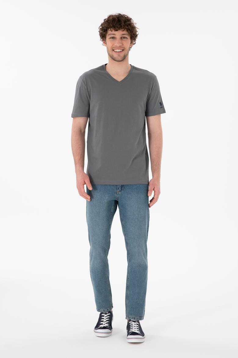 Erkek Regular Fit  V Yaka Gri Basic Tişört - 50305858100