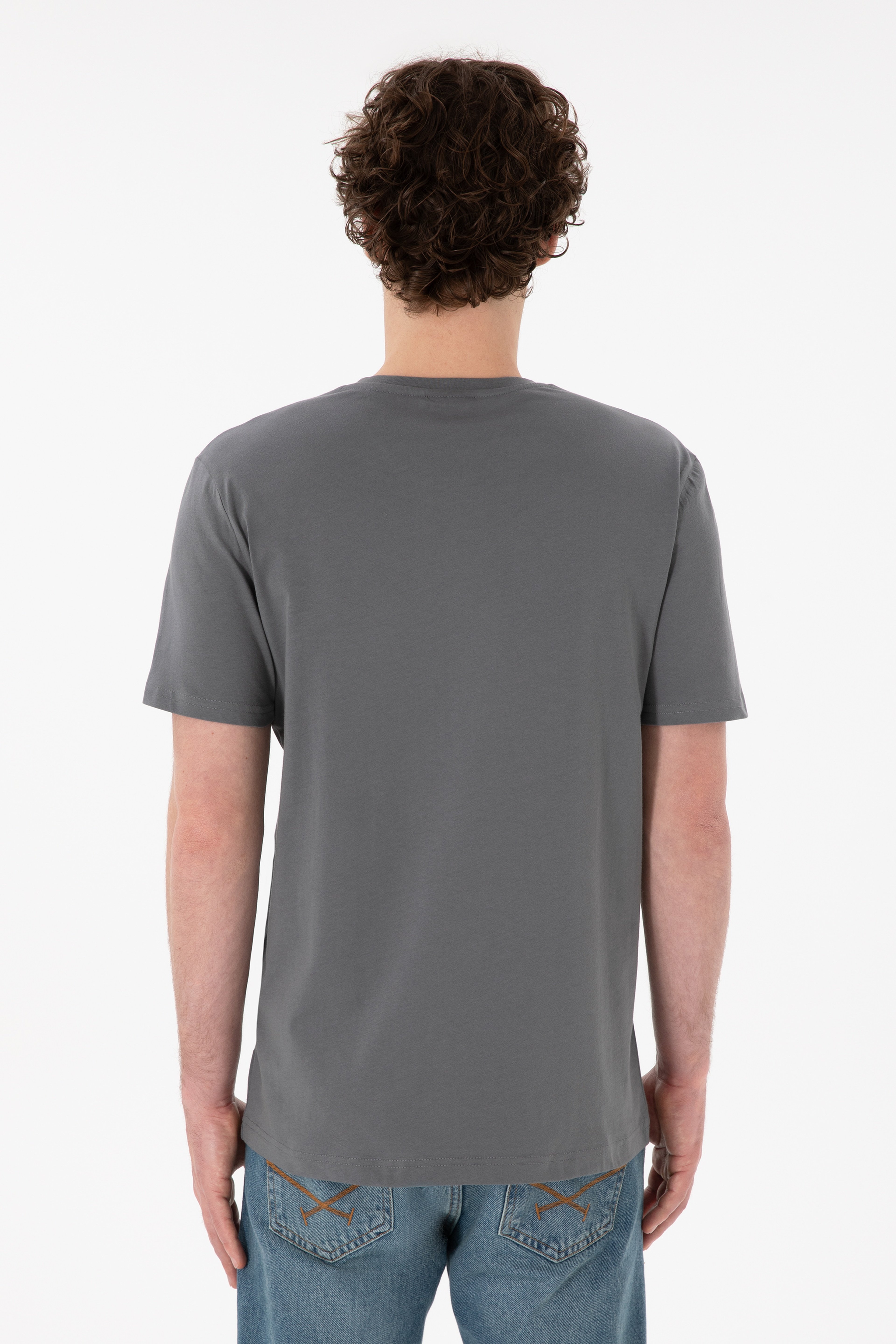 Erkek Regular Fit  V Yaka Gri Basic Tişört - Image 6