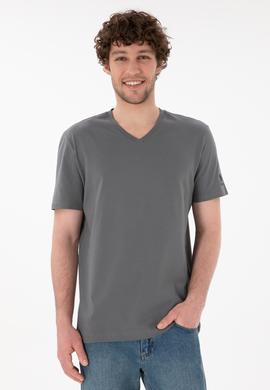 Erkek Regular Fit  V Yaka Gri Basic Tişört - 50305858100