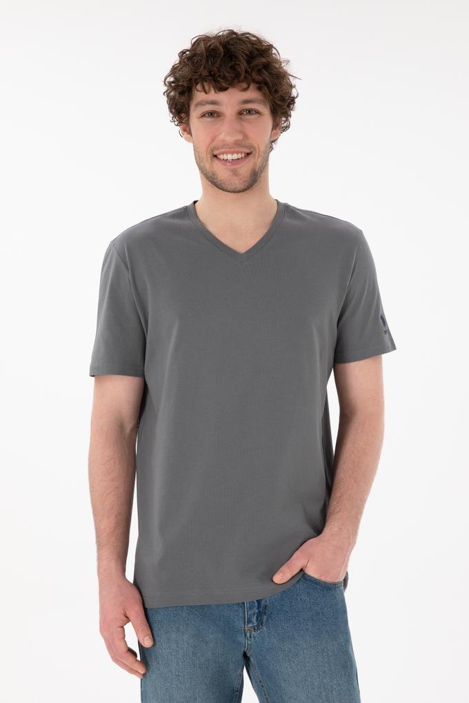 Erkek Regular Fit  V Yaka Gri Basic Tişört