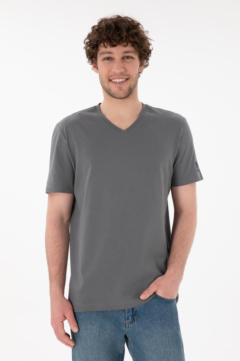 Erkek Regular Fit  V Yaka Gri Basic Tişört