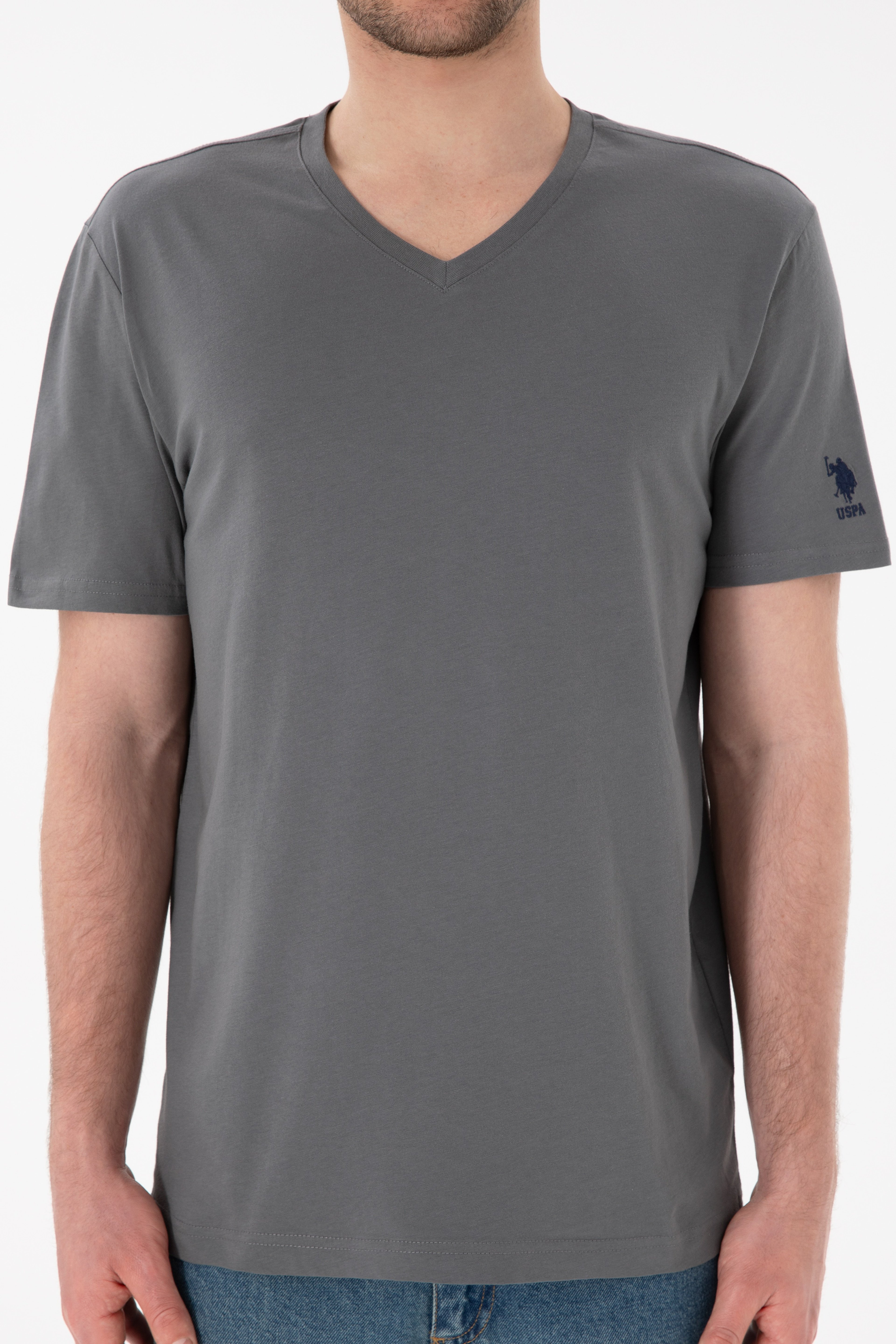 Erkek Regular Fit  V Yaka Gri Basic Tişört