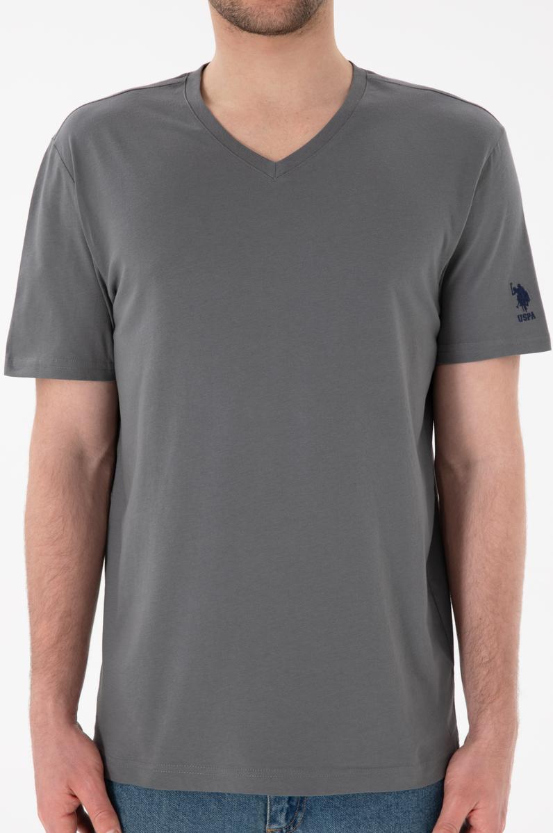 Erkek Regular Fit  V Yaka Gri Basic Tişört