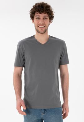 Erkek Regular Fit  V Yaka Gri Basic Tişört - 50305858100
