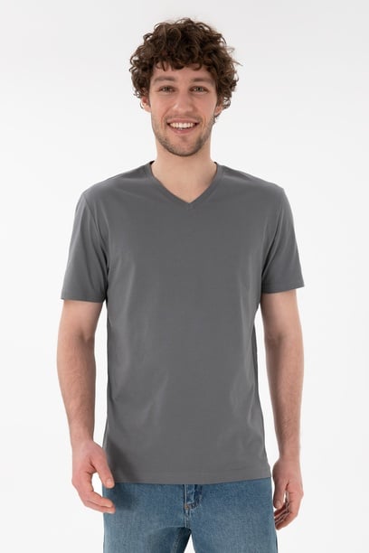 Erkek Regular Fit  V Yaka Gri Basic Tişört