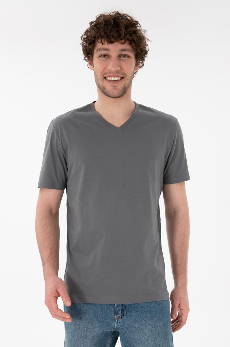 Erkek Regular Fit  V Yaka Gri Basic Tişört