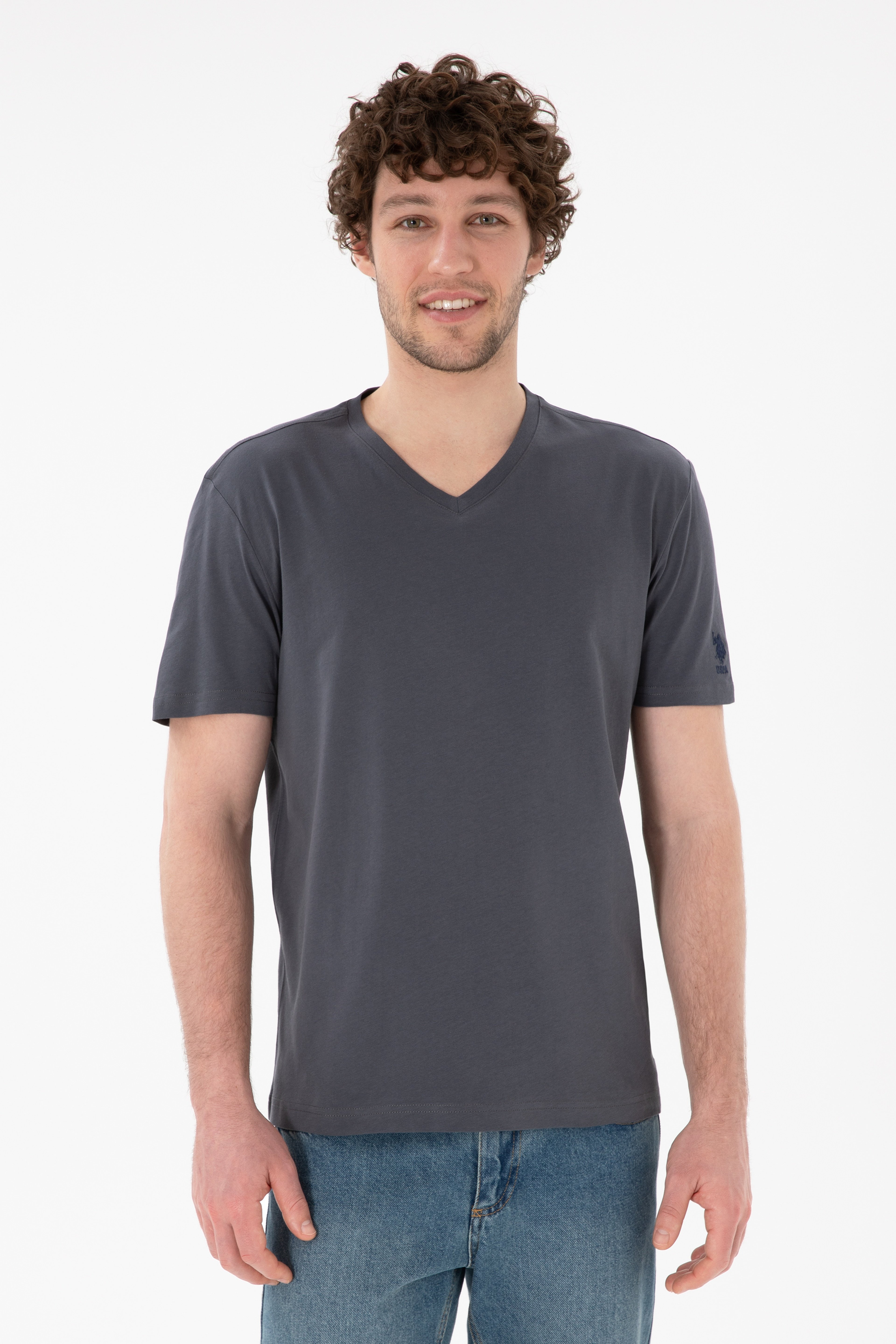 Erkek Regular Fit  V Yaka Antrasit Basic Tişört