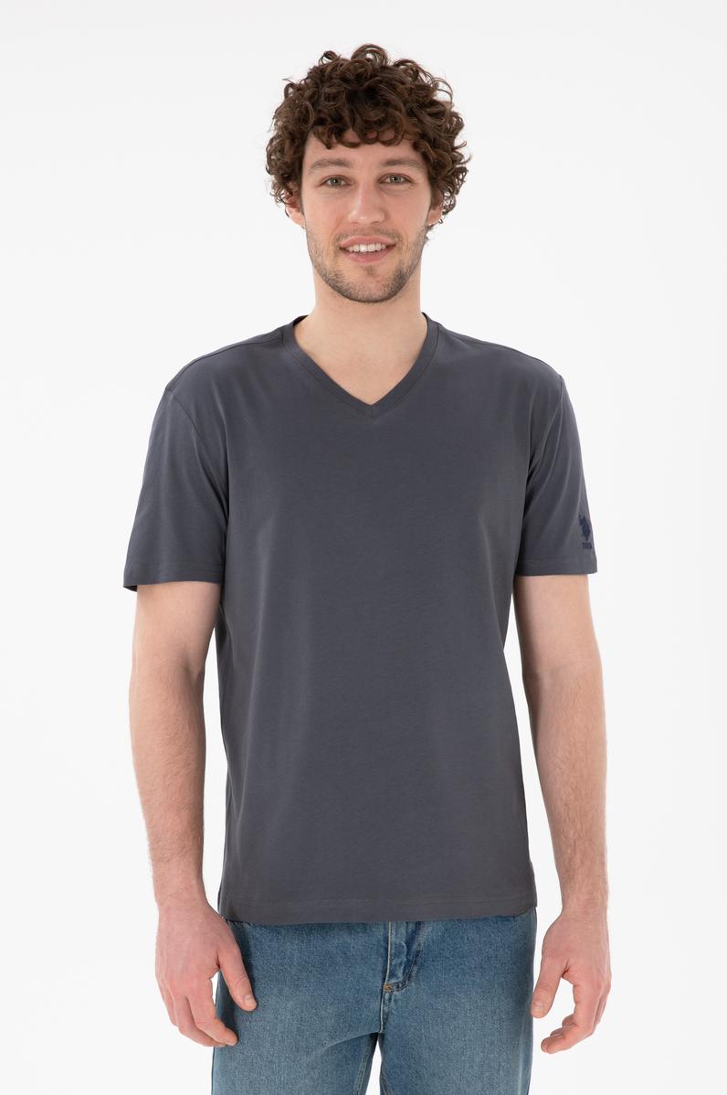 Erkek Regular Fit  V Yaka Antrasit Basic Tişört