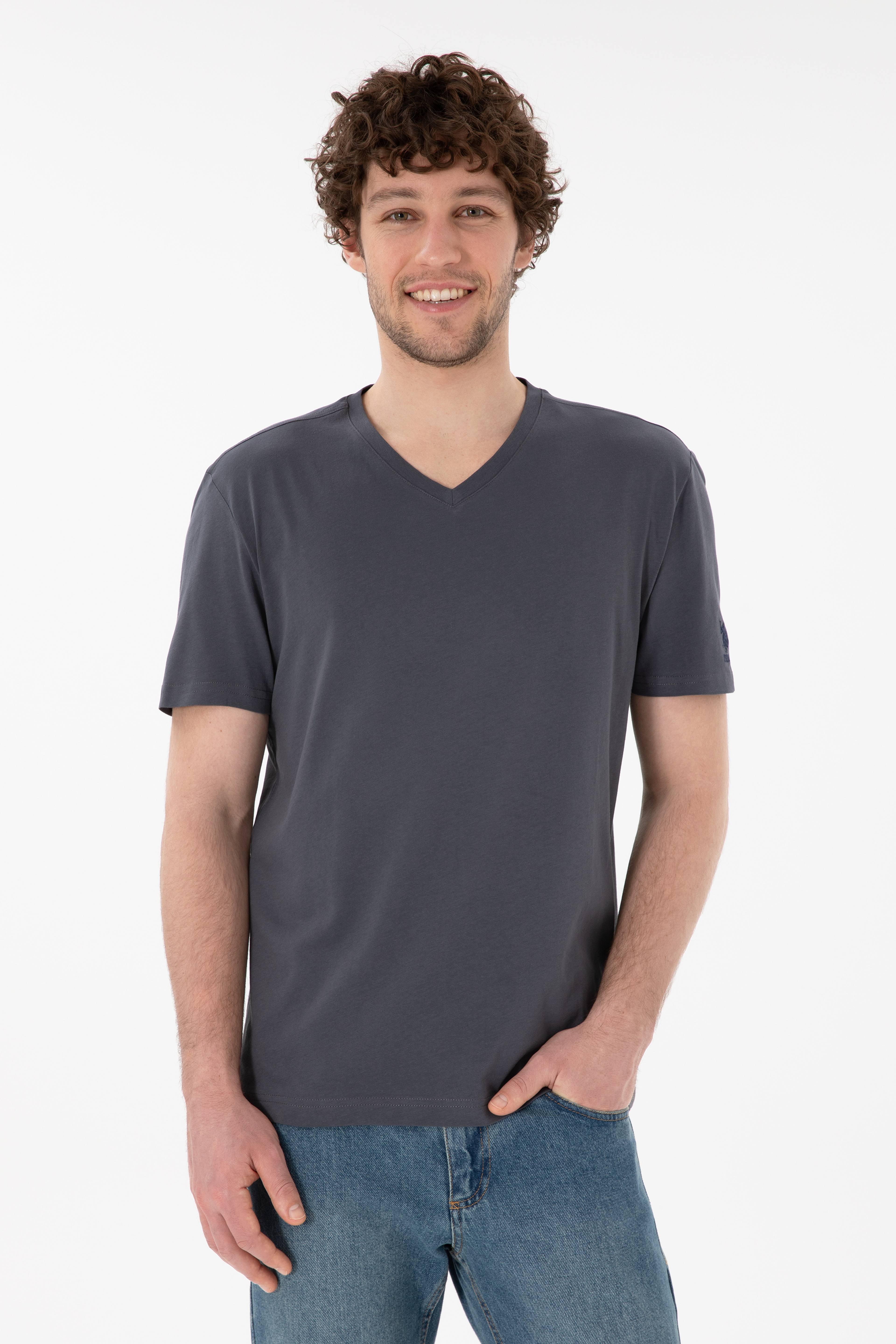 Erkek Regular Fit  V Yaka Antrasit Basic Tişört