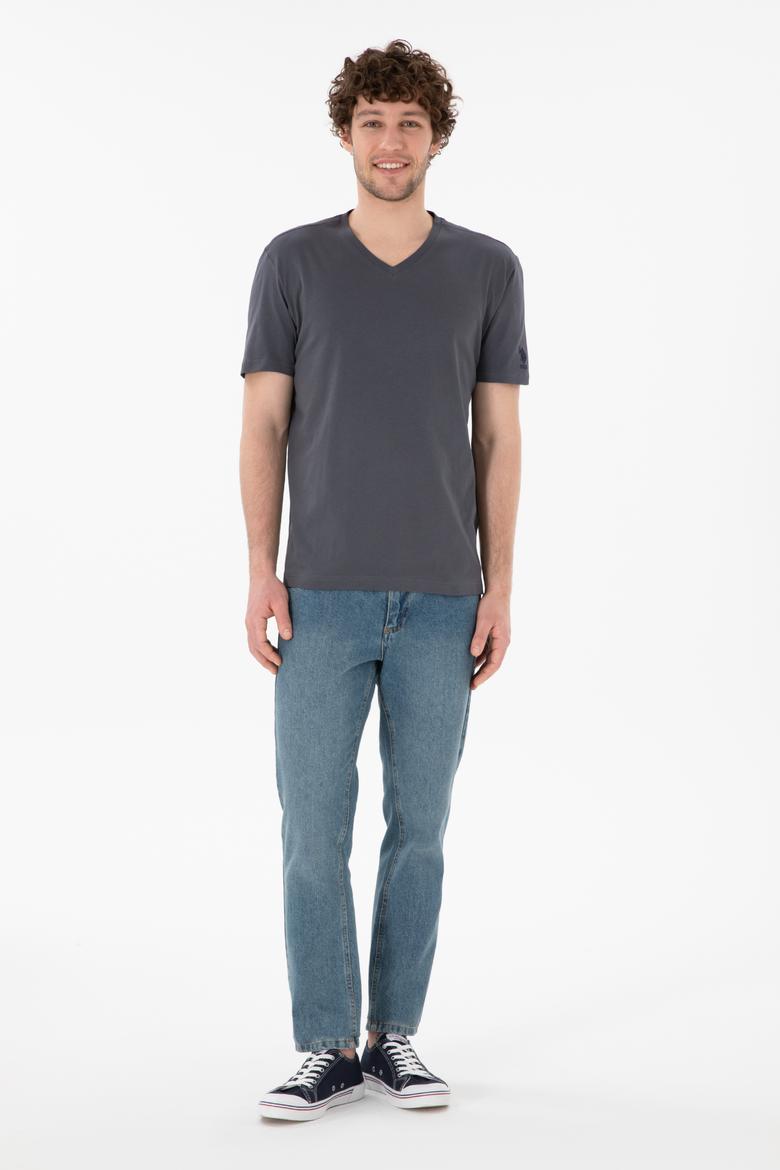 Erkek Regular Fit  V Yaka Antrasit Basic Tişört - 50305858056