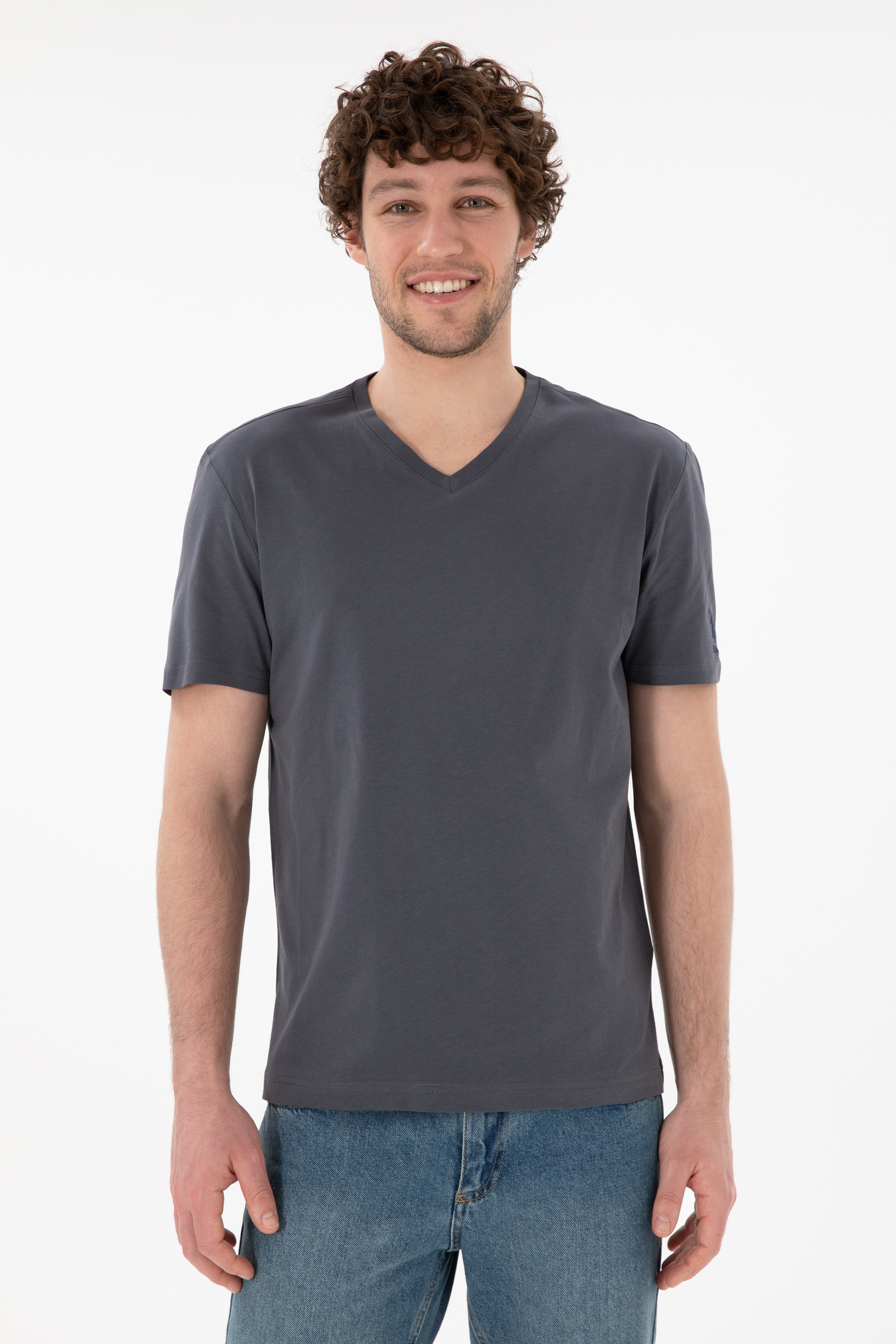 Erkek Regular Fit  V Yaka Antrasit Basic Tişört - Image 4