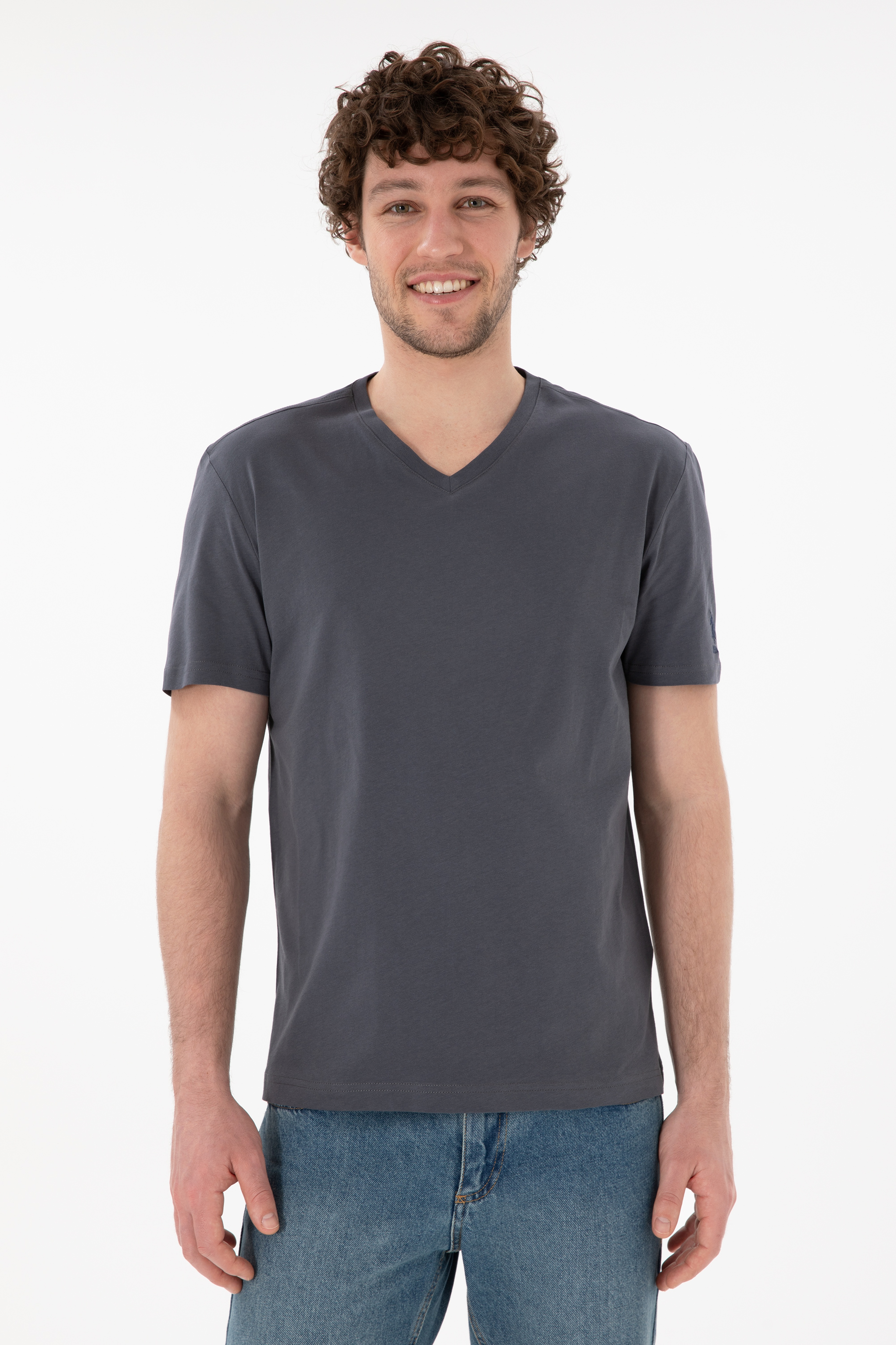 Erkek Regular Fit  V Yaka Antrasit Basic Tişört