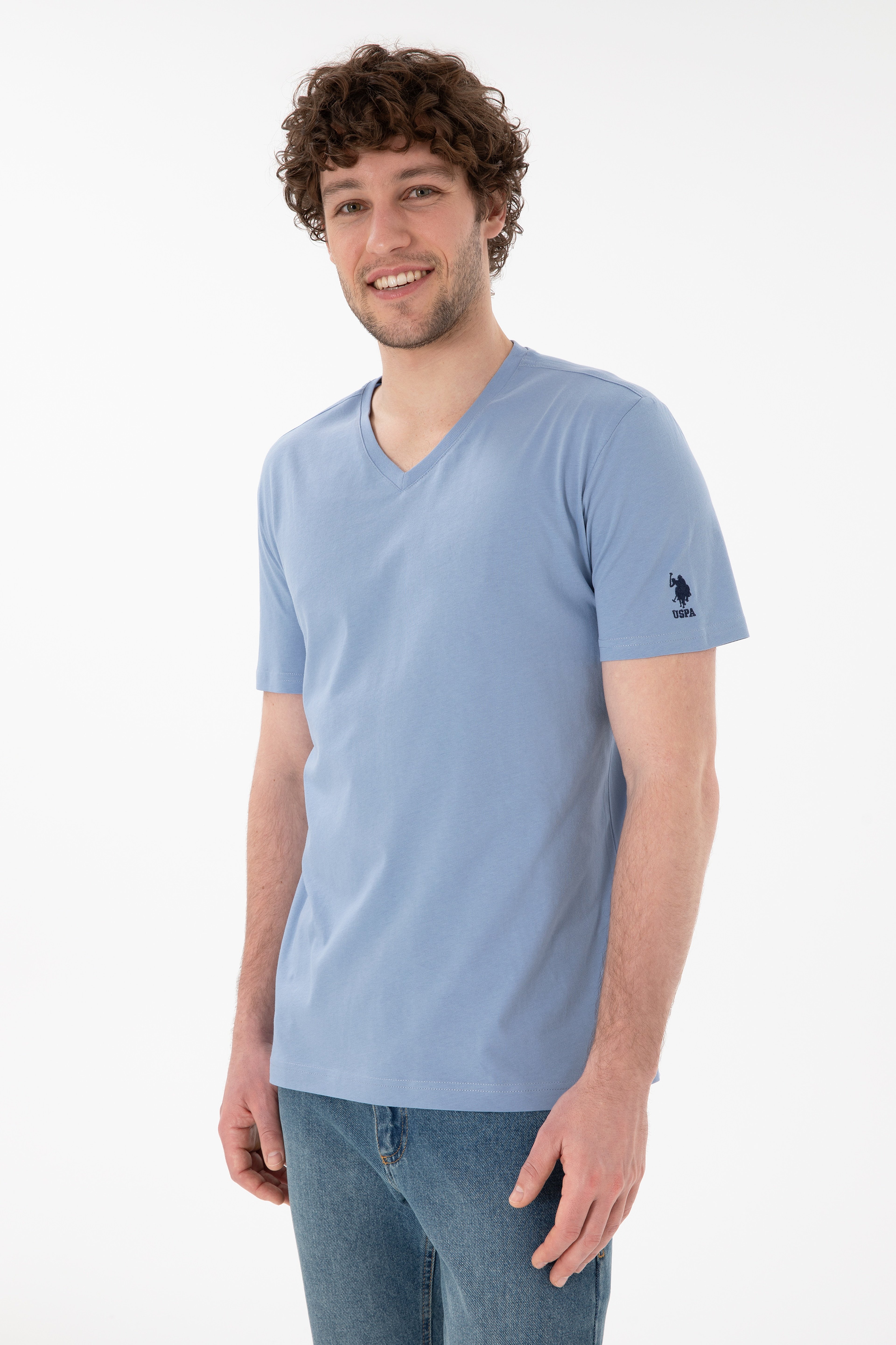 Erkek Regular Fit  V Yaka Mavi Basic Tişört