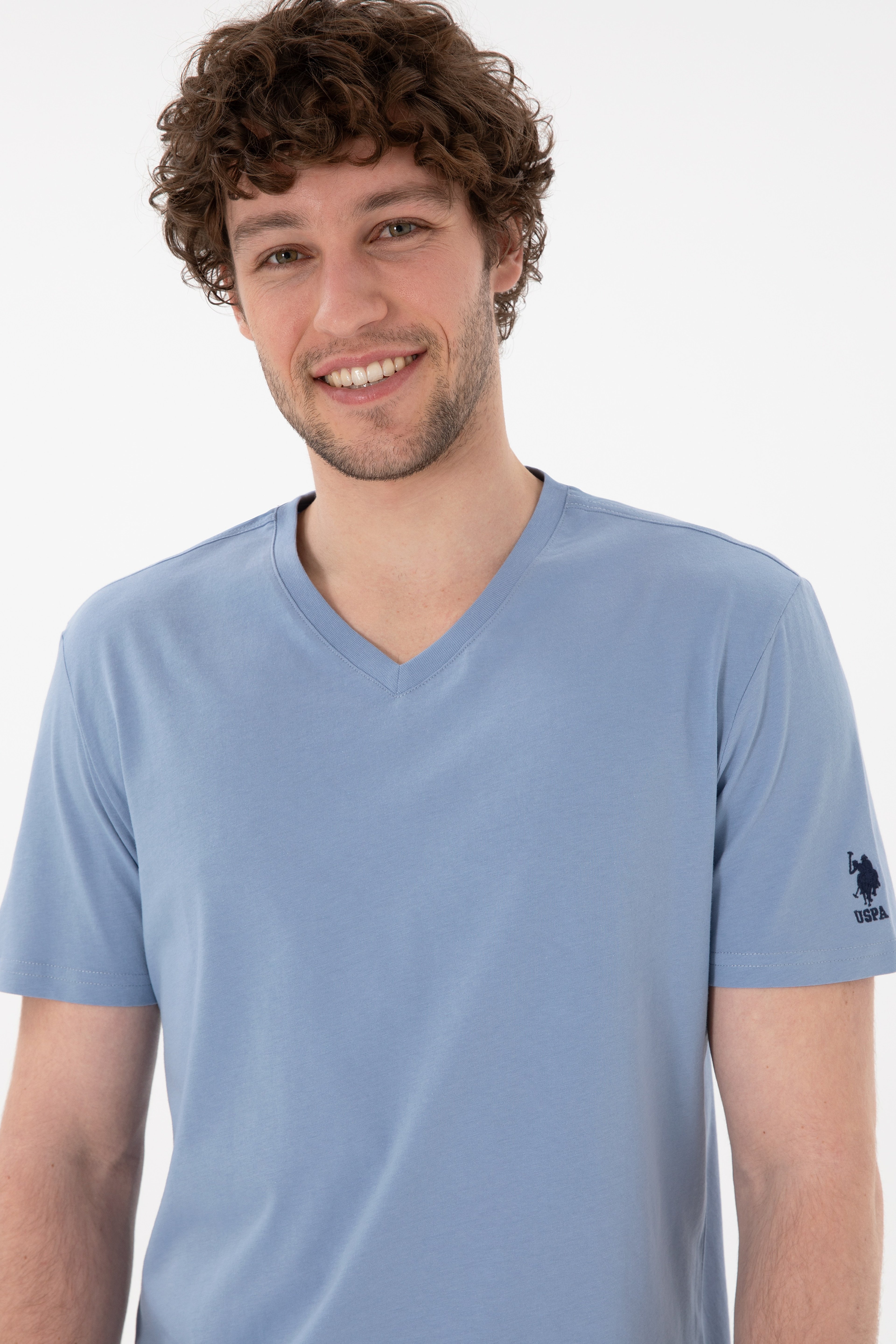 Erkek Regular Fit  V Yaka Mavi Basic Tişört