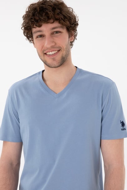 Erkek Regular Fit  V Yaka Mavi Basic Tişört