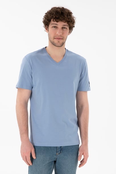 Erkek Regular Fit  V Yaka Mavi Basic Tişört