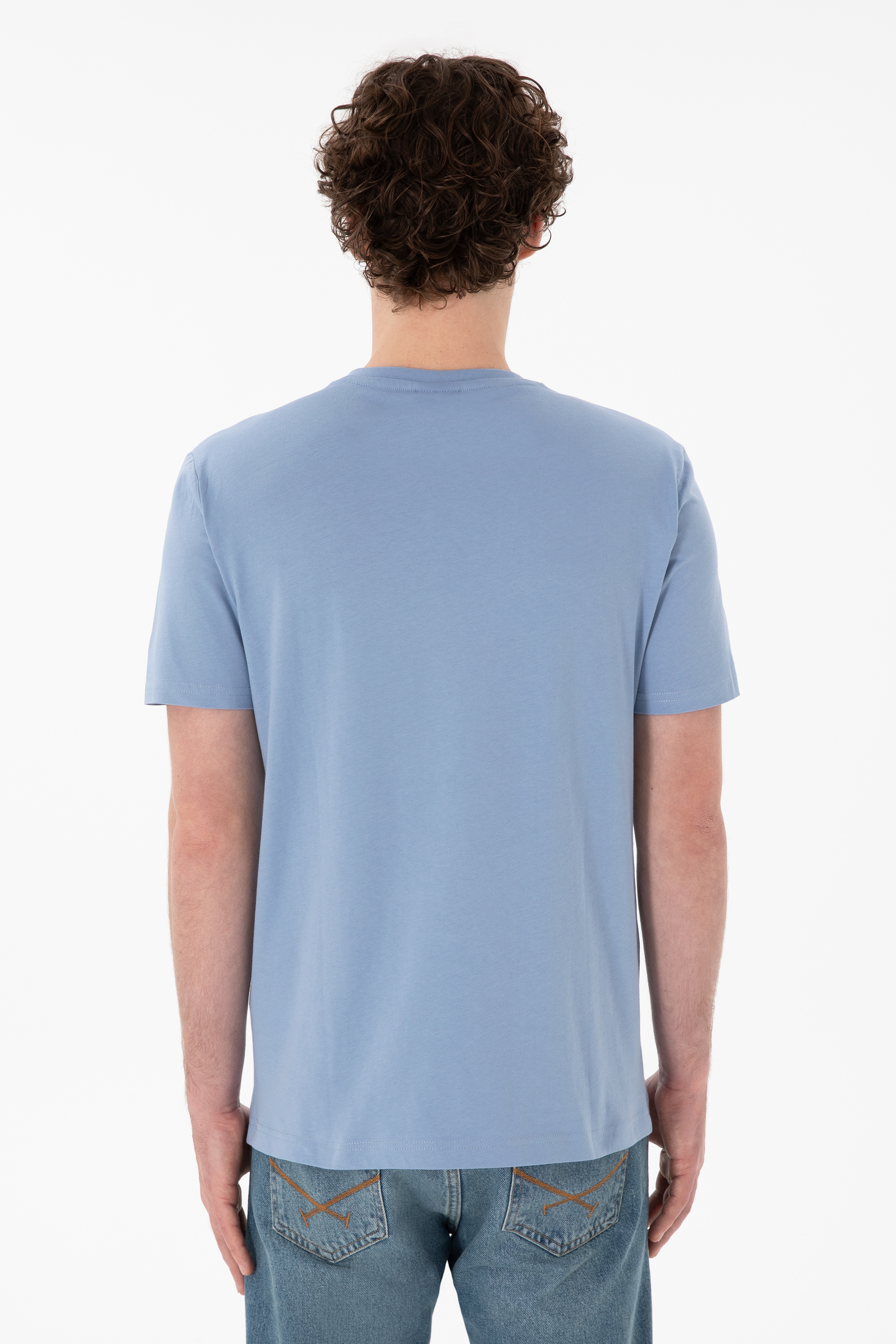 Erkek Regular Fit  V Yaka Mavi Basic Tişört - Image 6