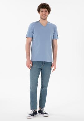 Erkek Regular Fit  V Yaka Mavi Basic Tişört - 50305858090