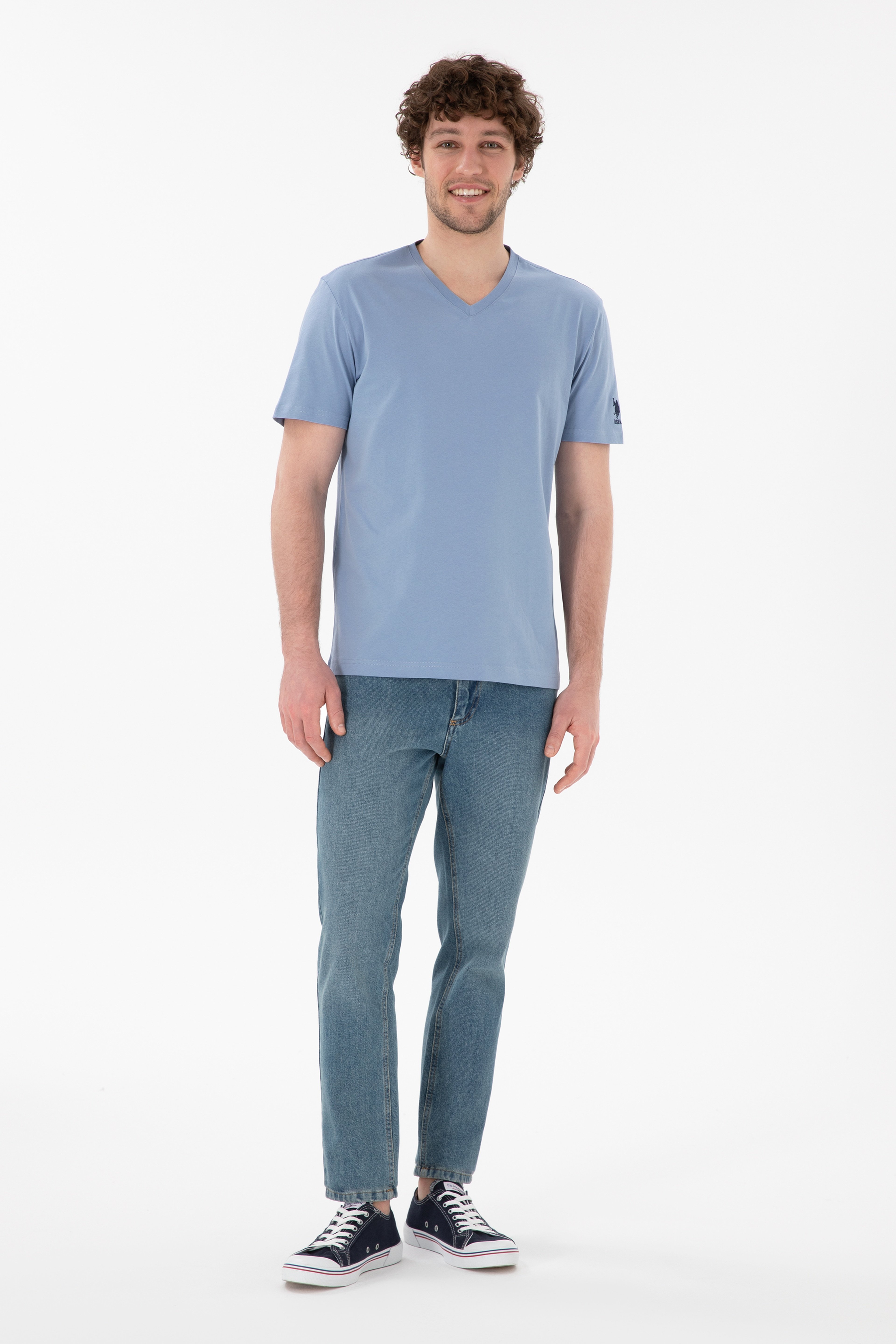 Erkek Regular Fit  V Yaka Mavi Basic Tişört