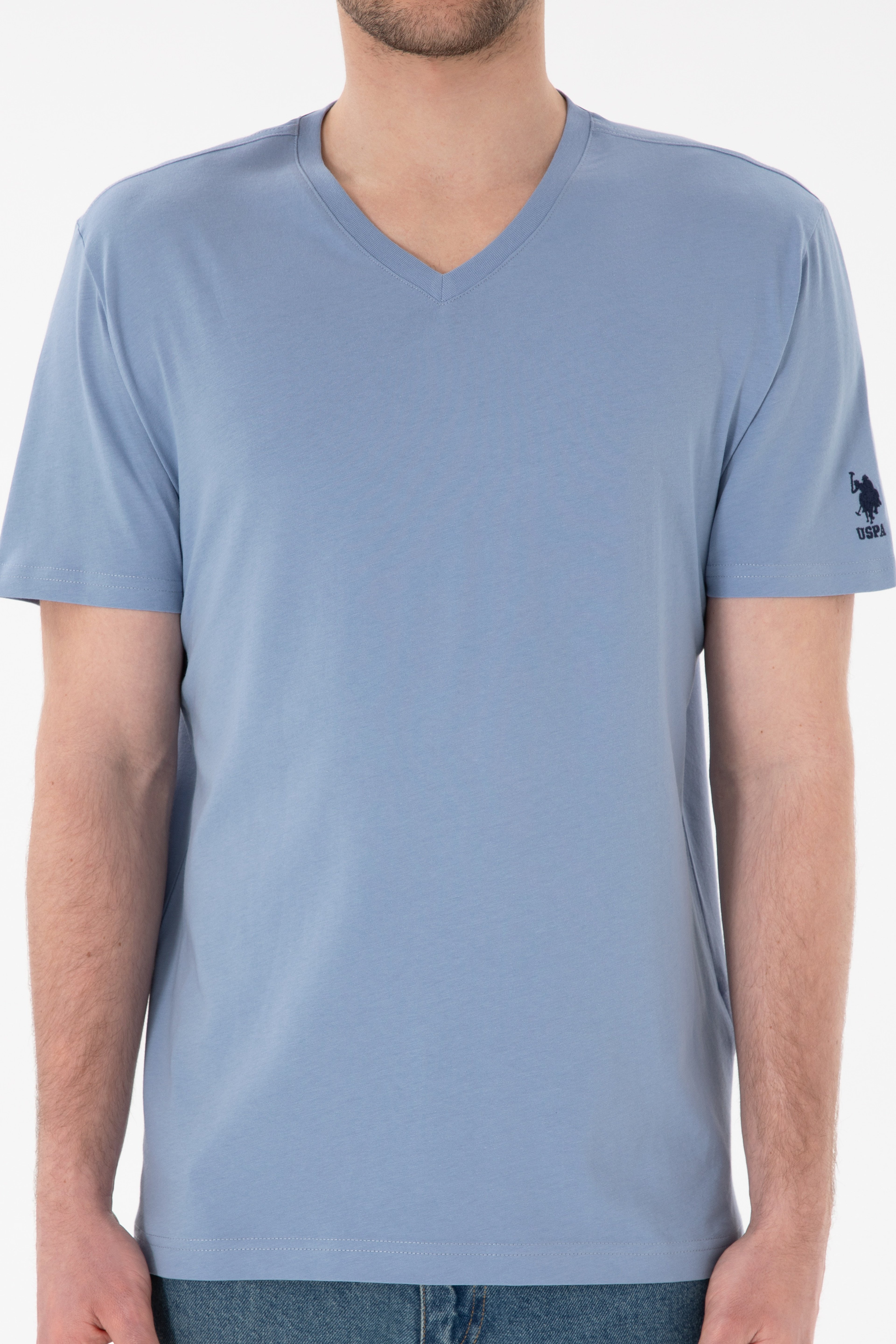 Erkek Regular Fit  V Yaka Mavi Basic Tişört - Image 7