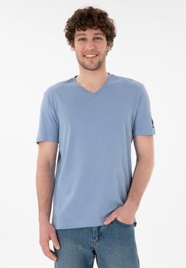 Erkek Regular Fit  V Yaka Mavi Basic Tişört - 50305858090