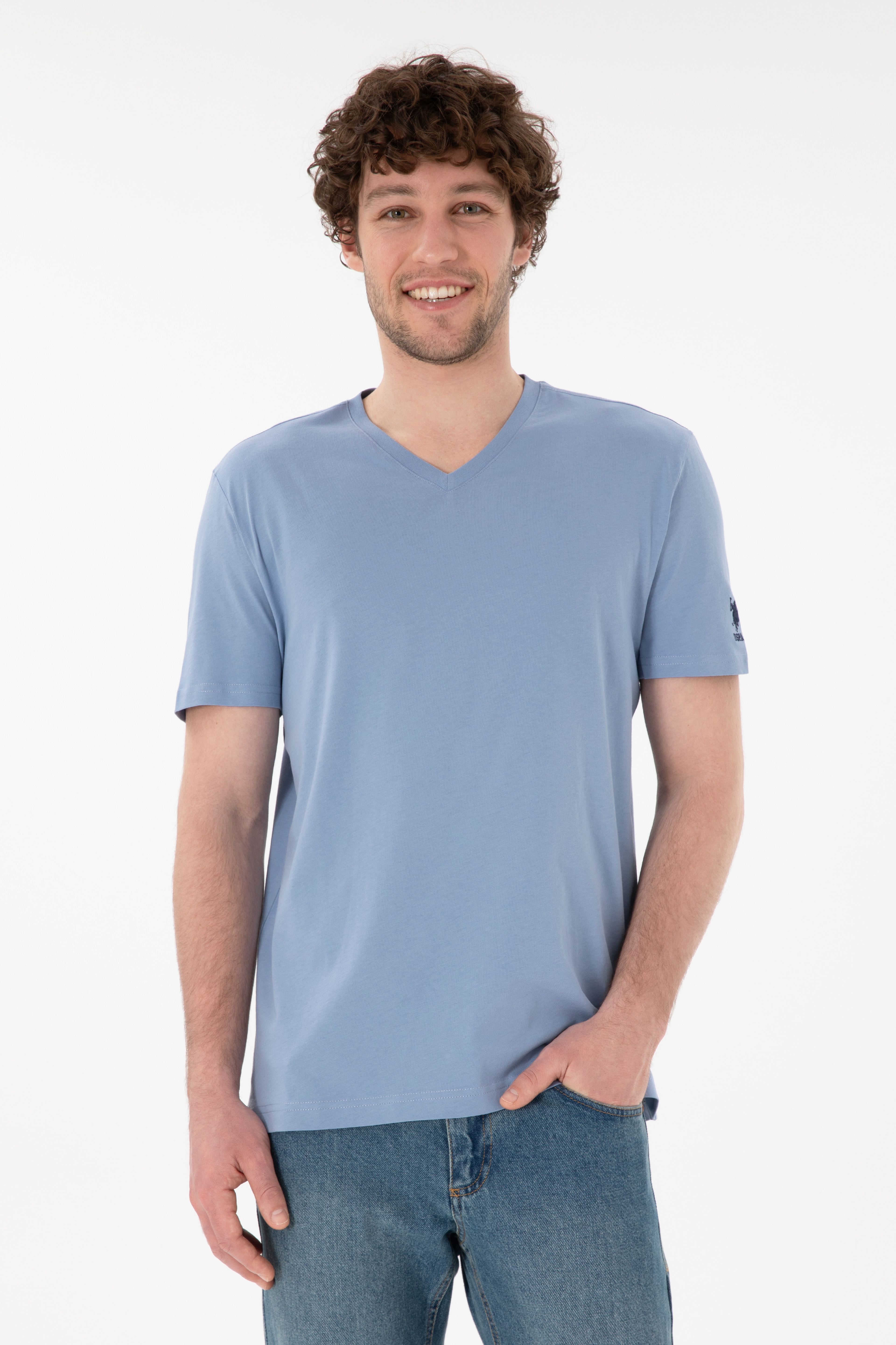 Erkek Regular Fit  V Yaka Mavi Basic Tişört - Image 1
