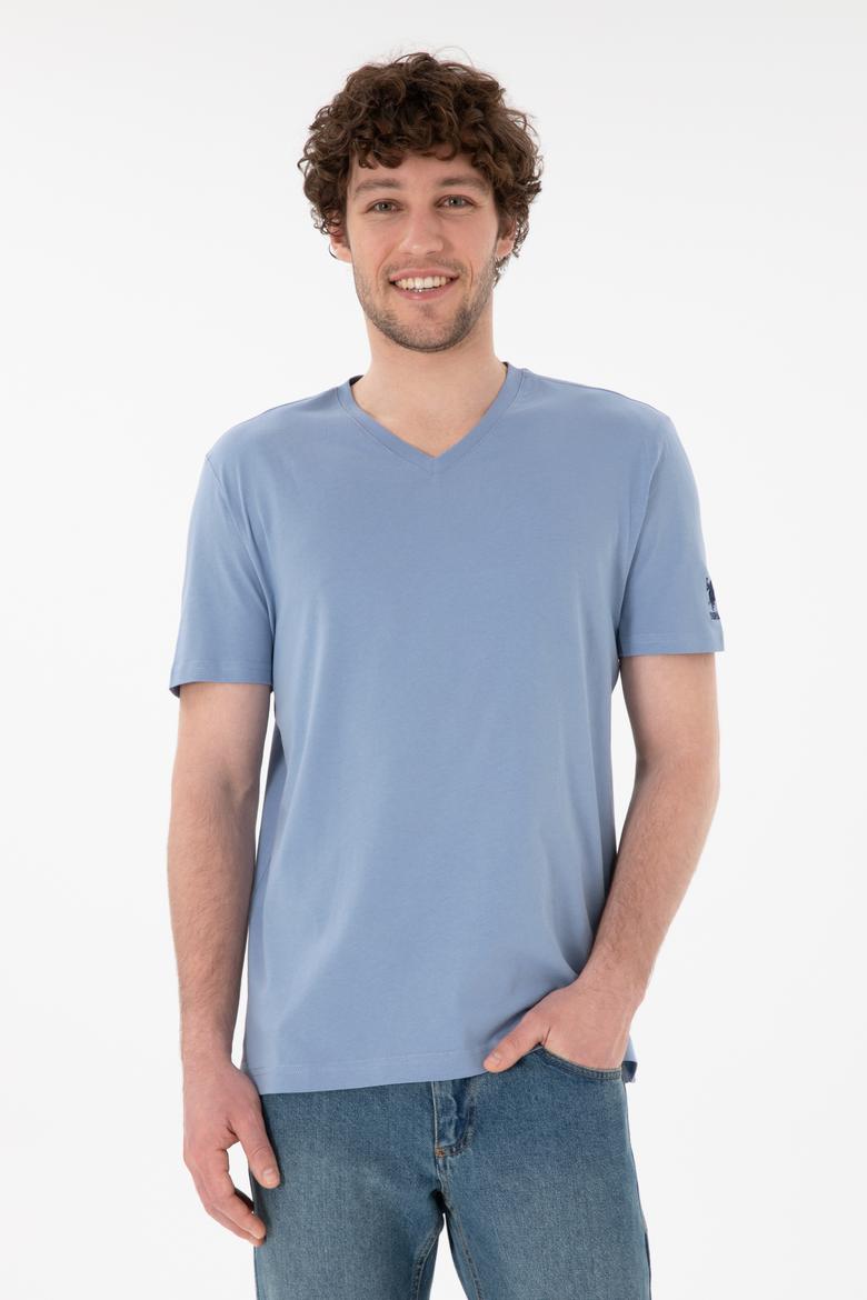 Erkek Regular Fit  V Yaka Mavi Basic Tişört