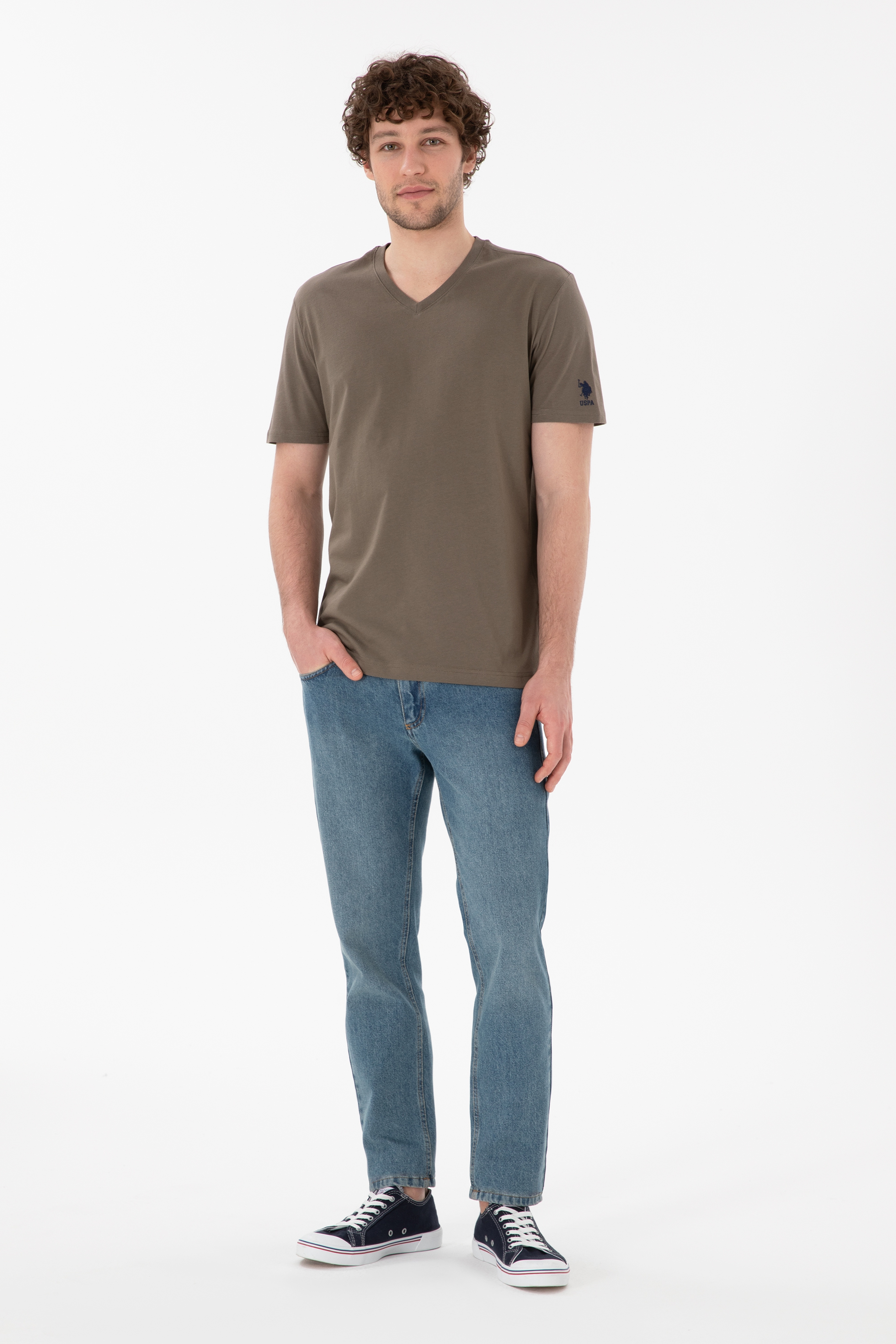Erkek Regular Fit  V Yaka Vizon Basic Tişört - Image 5