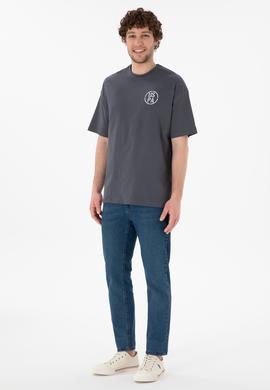 Erkek Oversize Fit Bisiklet Yaka Antrasit Tişört - 50305904084