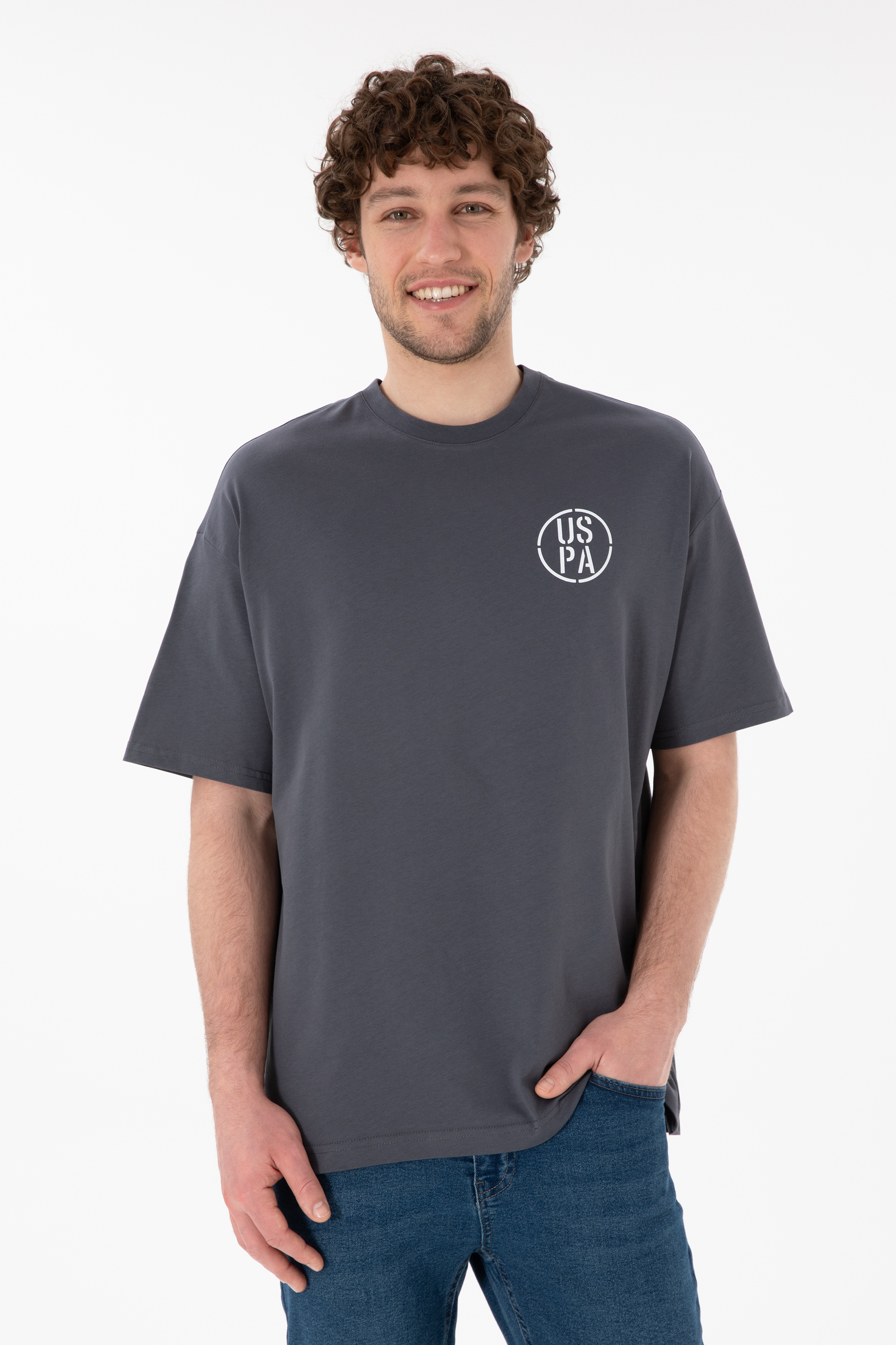Erkek Oversize Fit Bisiklet Yaka Antrasit Tişört - Image 1