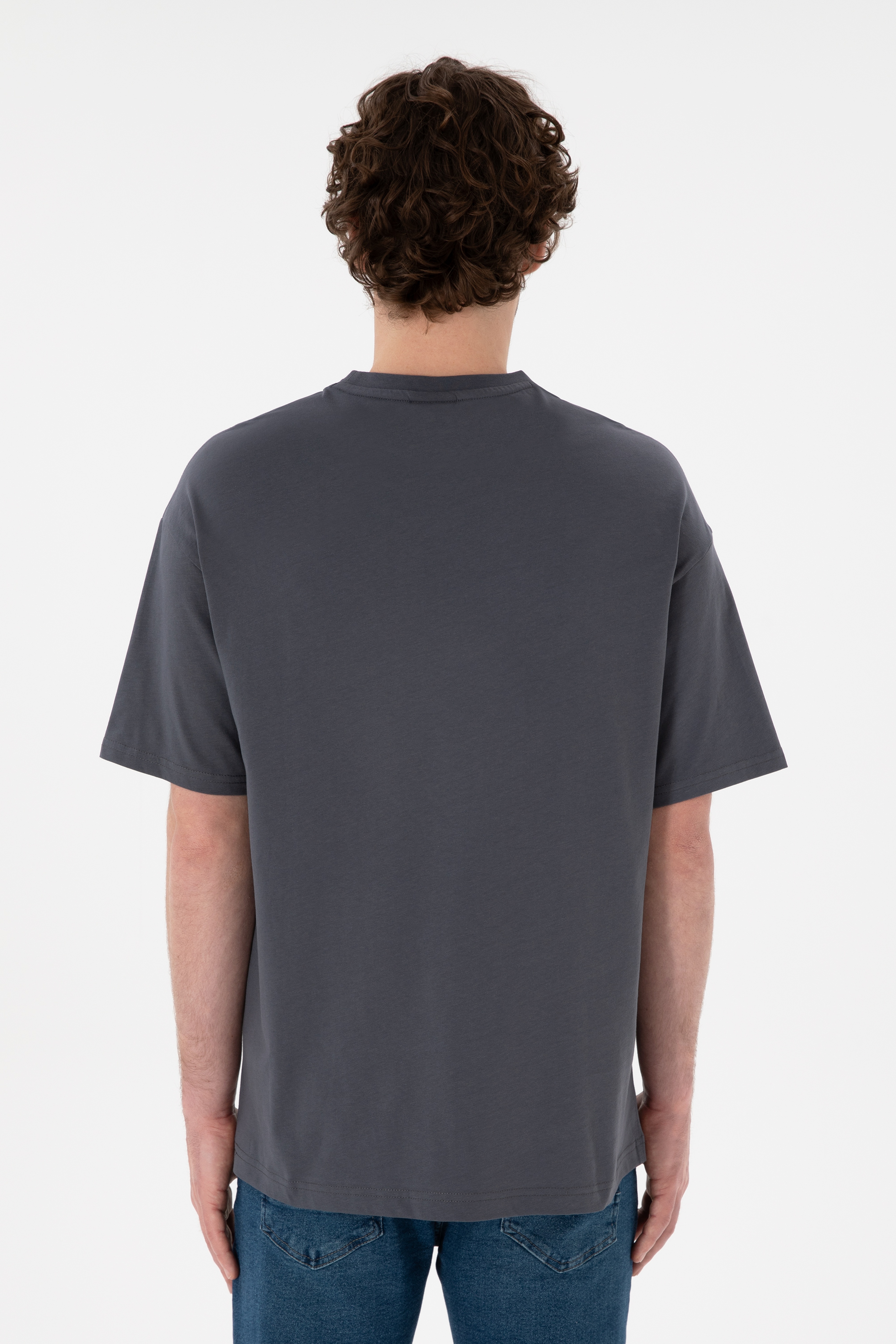 Erkek Oversize Fit Bisiklet Yaka Antrasit Tişört - Image 6