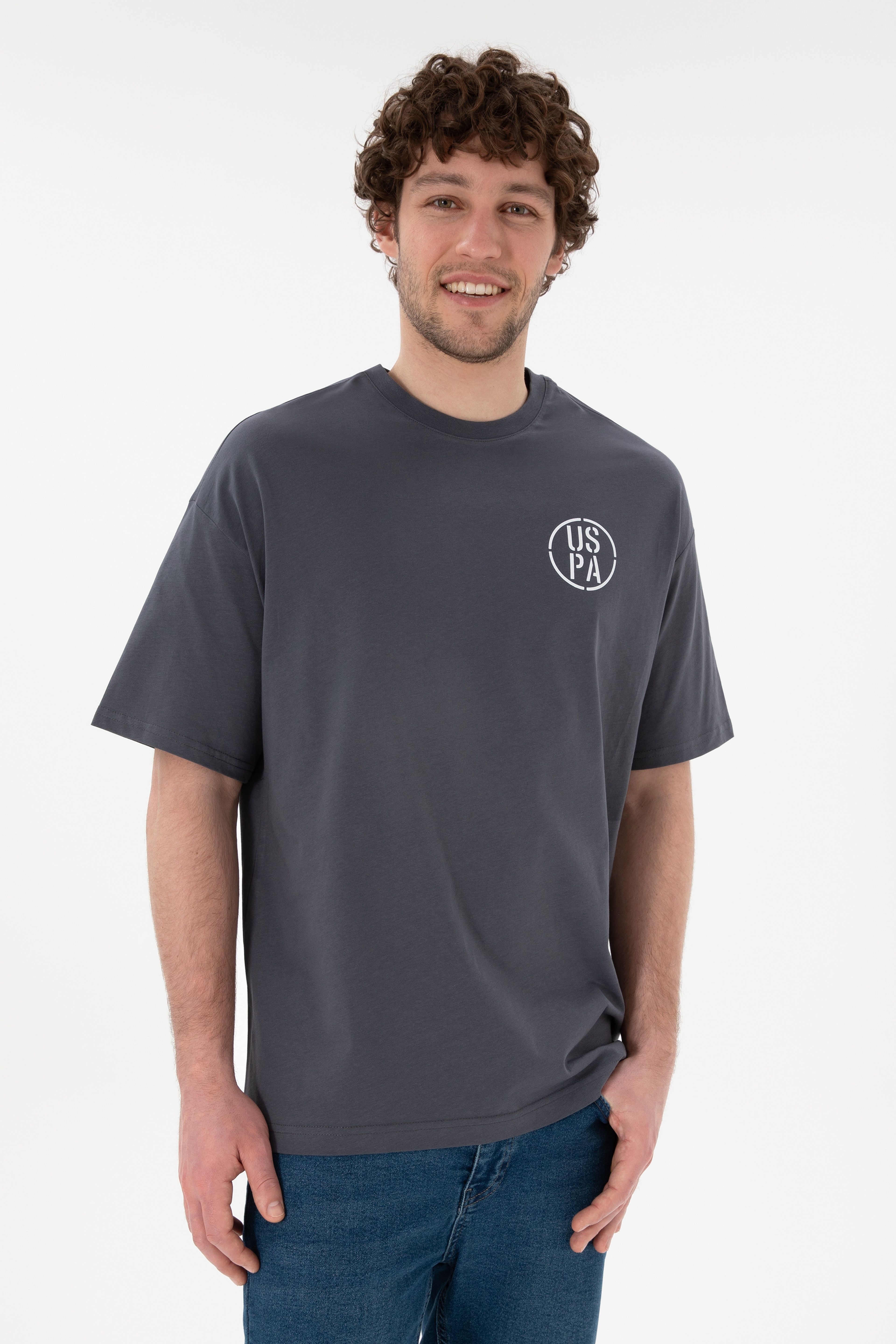 Erkek Oversize Fit Bisiklet Yaka Antrasit Tişört - Image 2