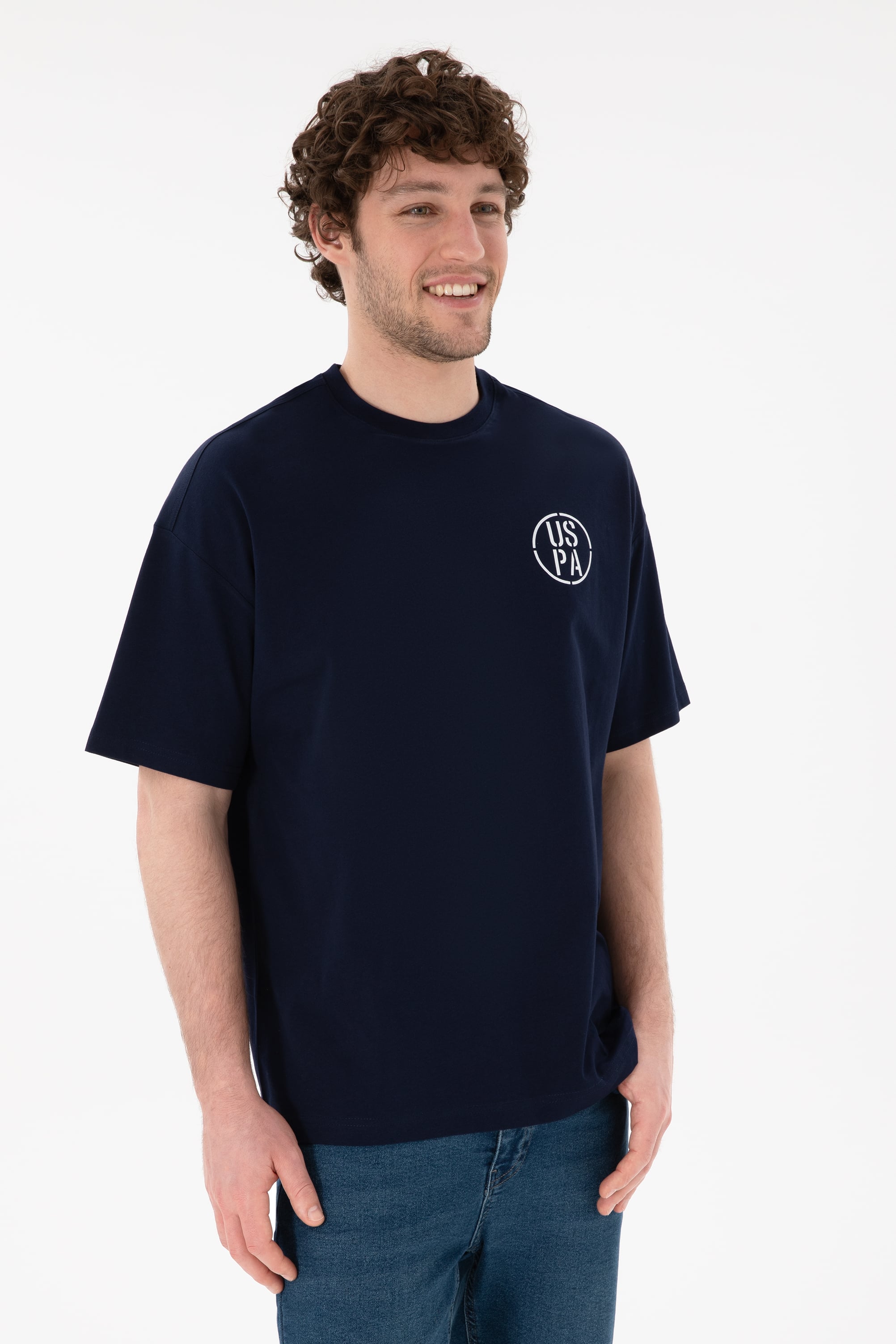 Erkek Oversize Fit Bisiklet Yaka Lacivert Tişört - Image 2