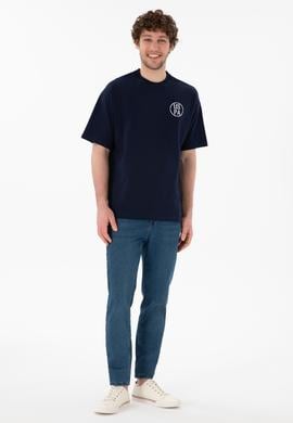 Erkek Oversize Fit Bisiklet Yaka Lacivert Tişört - 50305904018