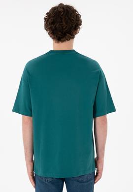 Erkek Oversize Fit Bisiklet Yaka Koyu Yeşil Tişört - 50305904058