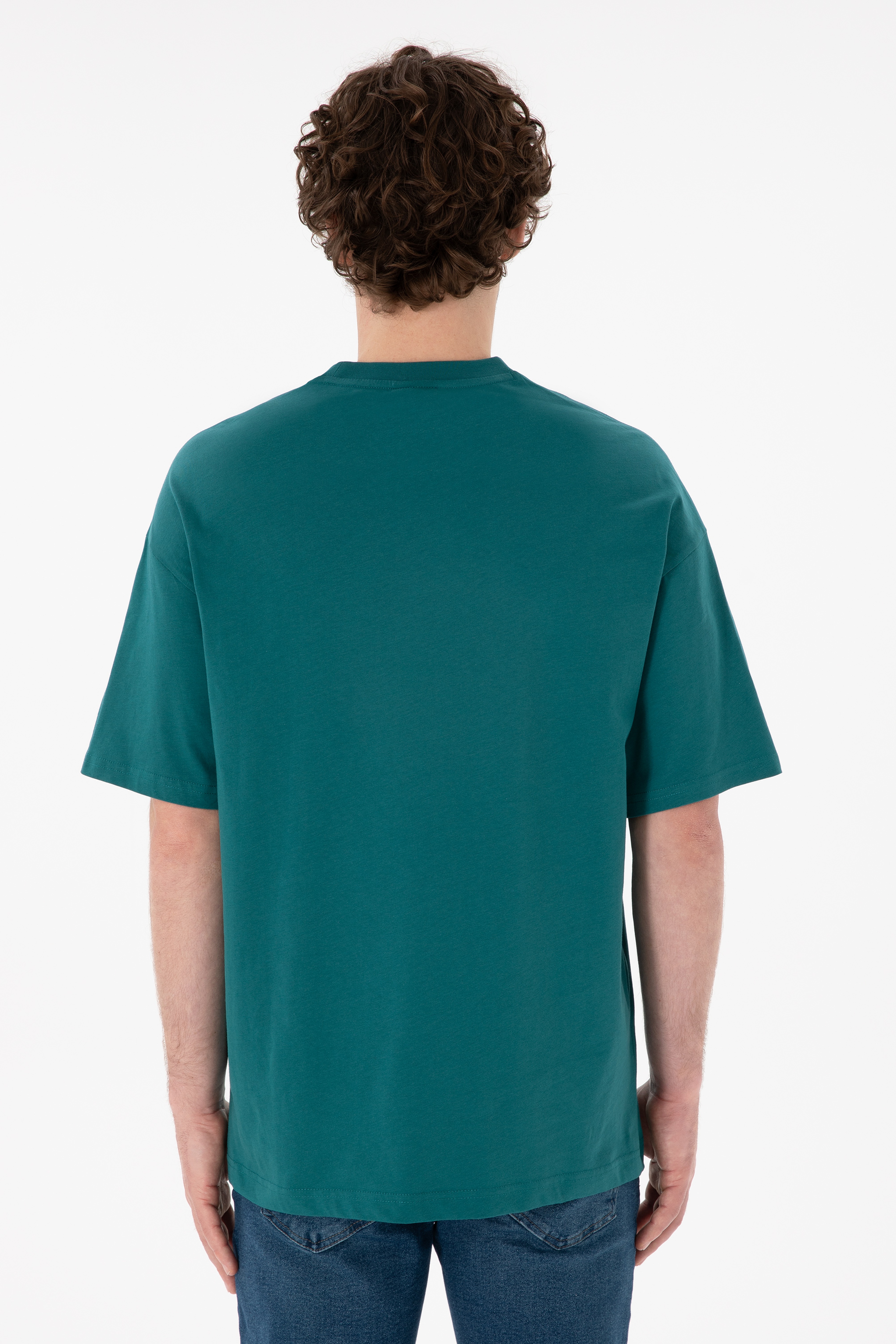 Erkek Oversize Fit Bisiklet Yaka Koyu Yeşil Tişört - Image 6