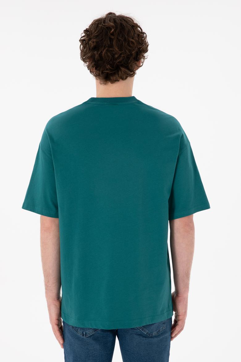 Erkek Oversize Fit Bisiklet Yaka Koyu Yeşil Tişört - 50305904058