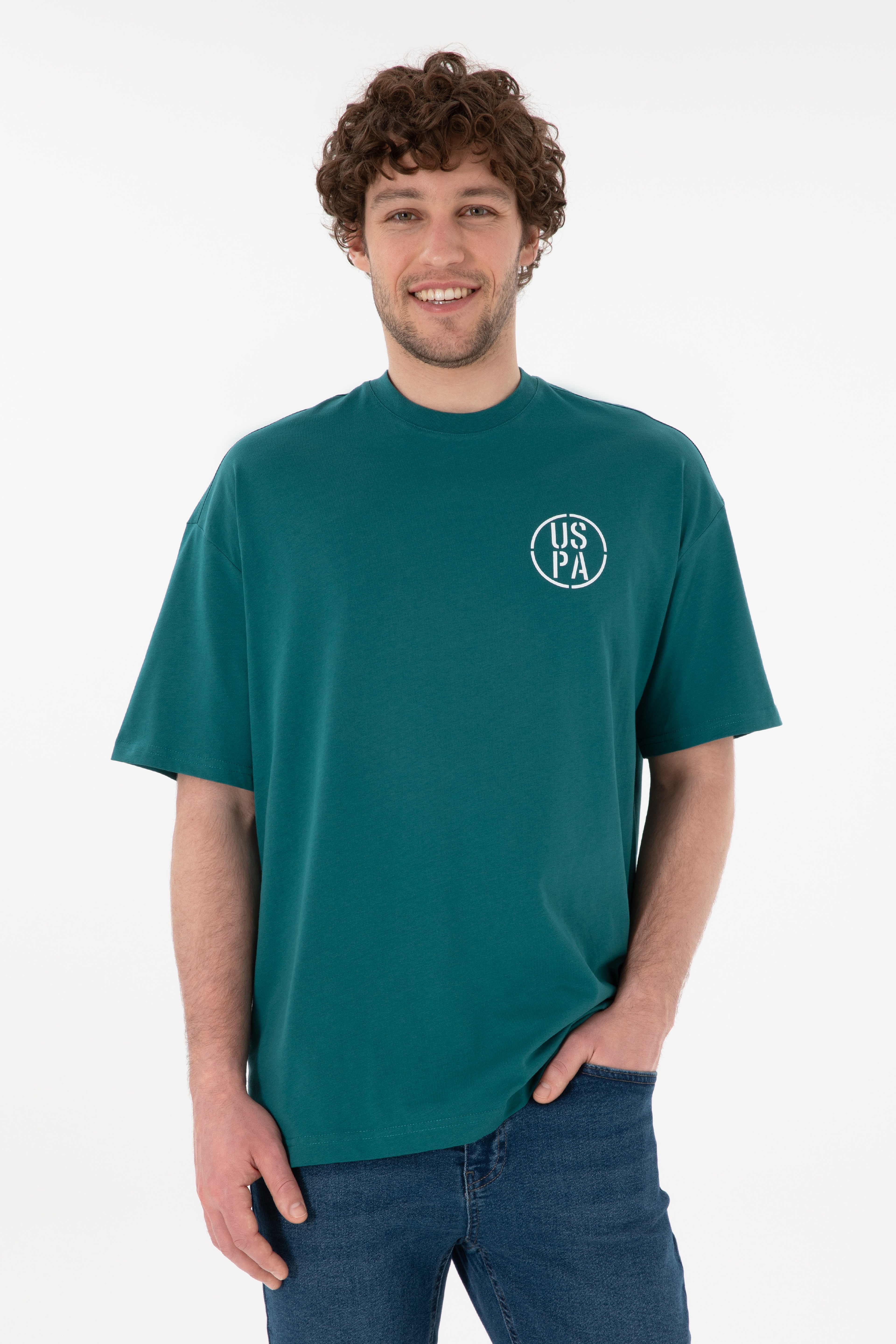 Erkek Oversize Fit Bisiklet Yaka Koyu Yeşil Tişört - Image 1