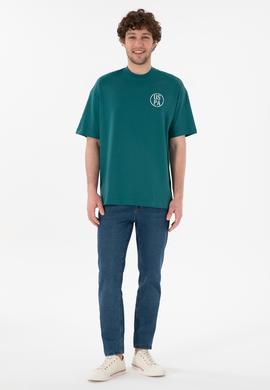 Erkek Oversize Fit Bisiklet Yaka Koyu Yeşil Tişört - 50305904058