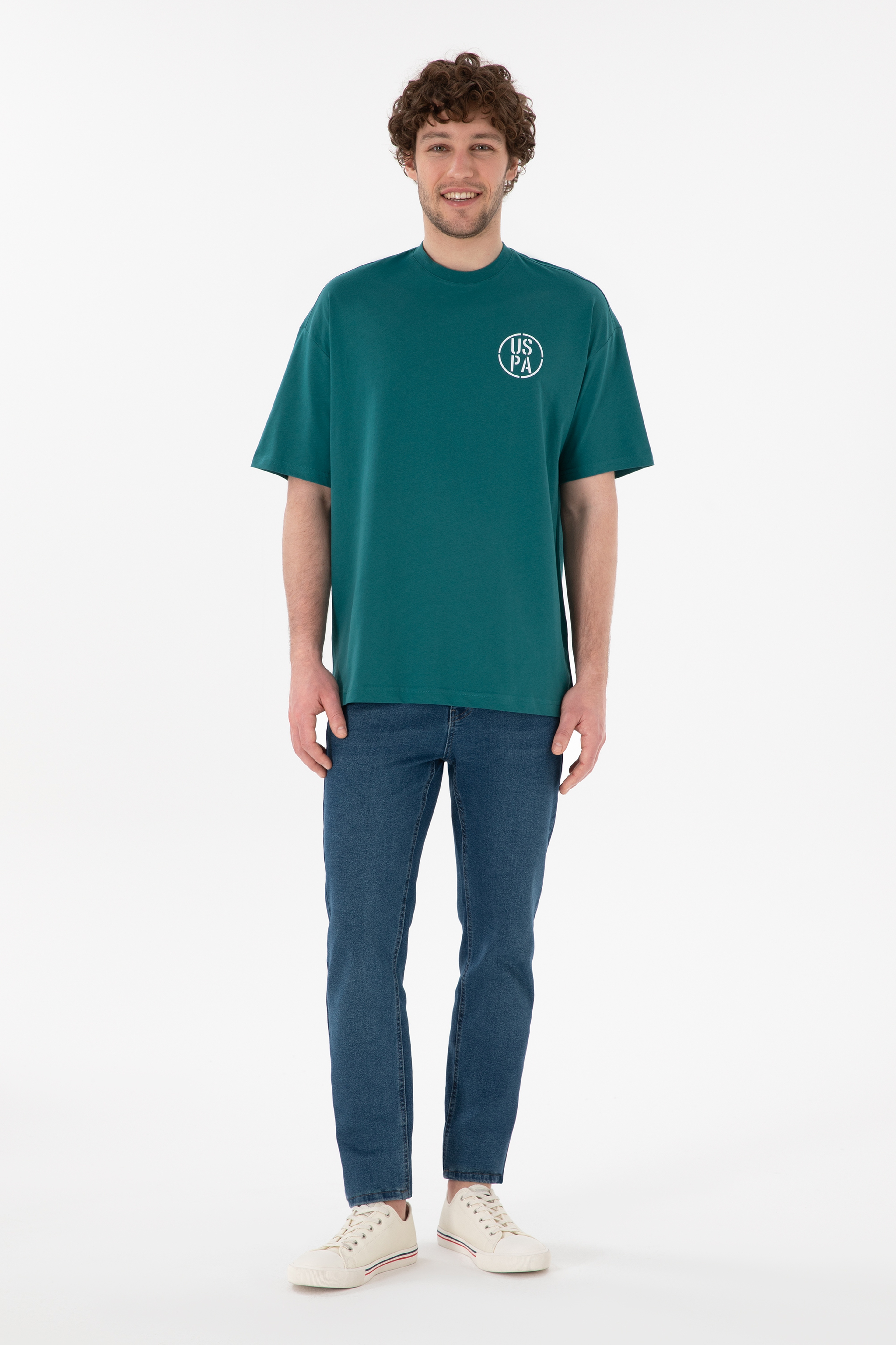 Erkek Oversize Fit Bisiklet Yaka Koyu Yeşil Tişört